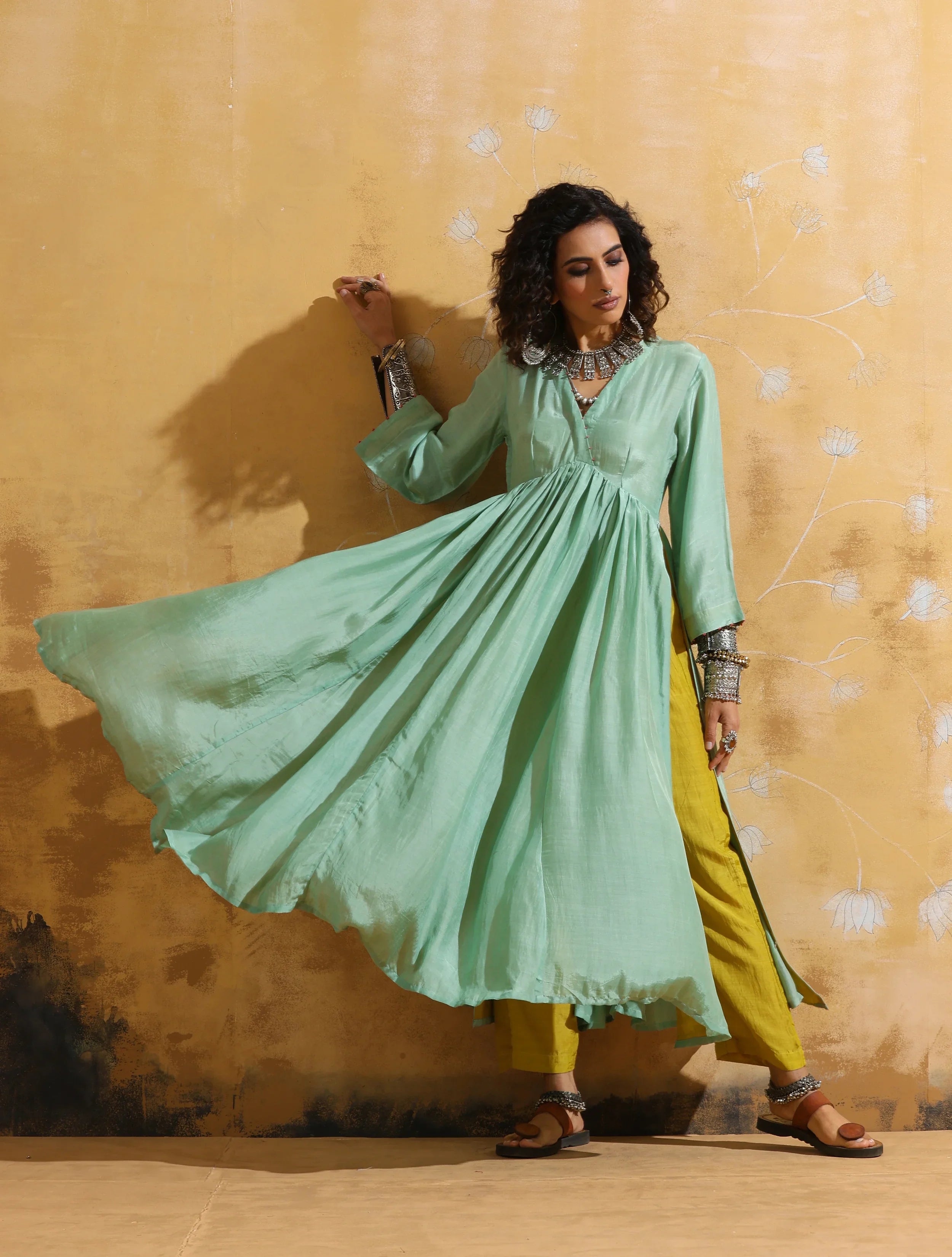 trueBrowns Mint Green Muslin Silk Anarkali Kurta Pant Set
