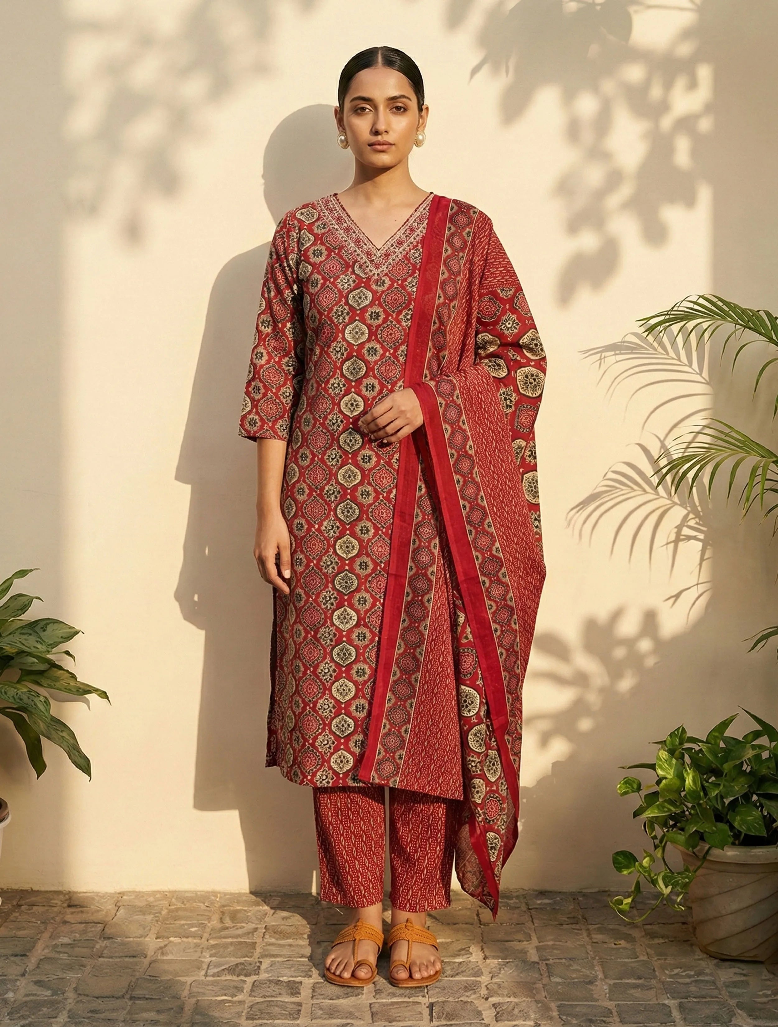 trueBrowns Red Print Embroidered V-Neck Kurta Pant Dupatta Set