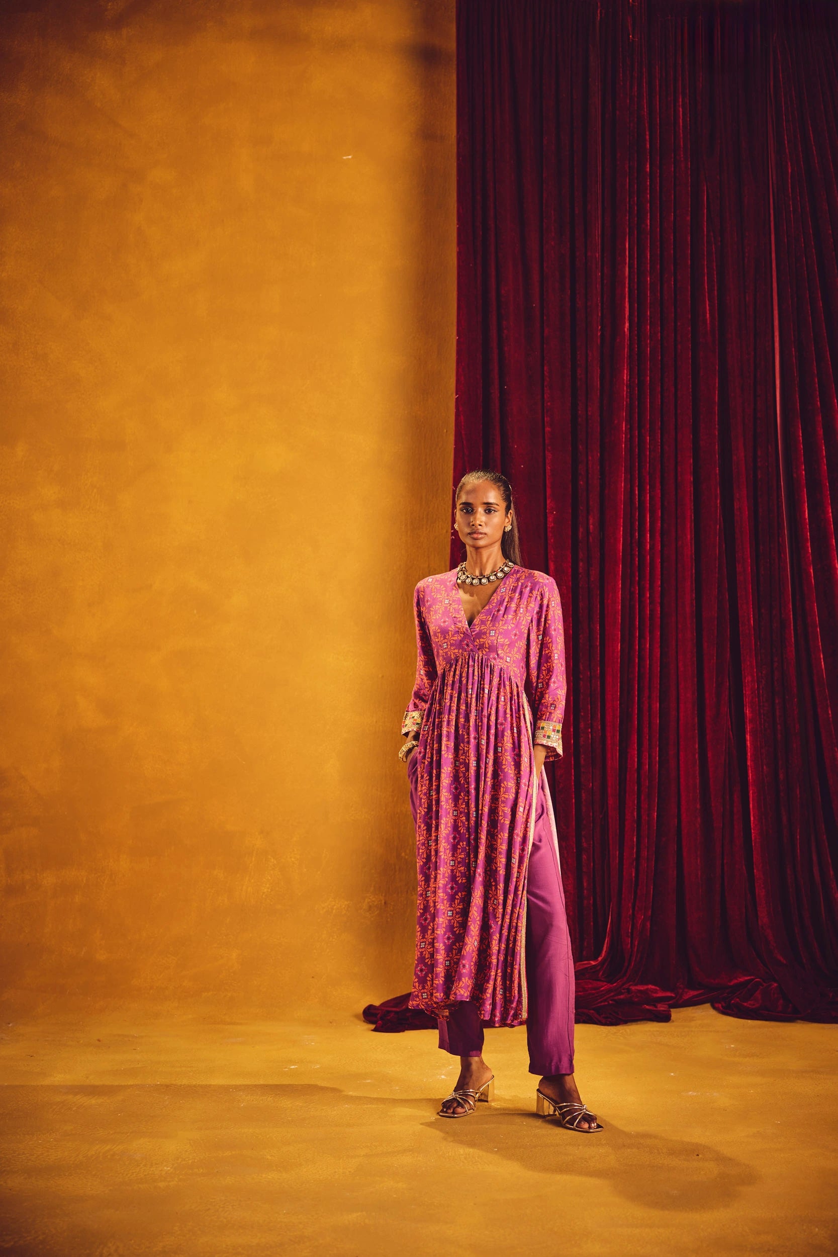 trueBrowns Purple Orange Jaal Print Viscose Anarkali High-Slit Kurta Set