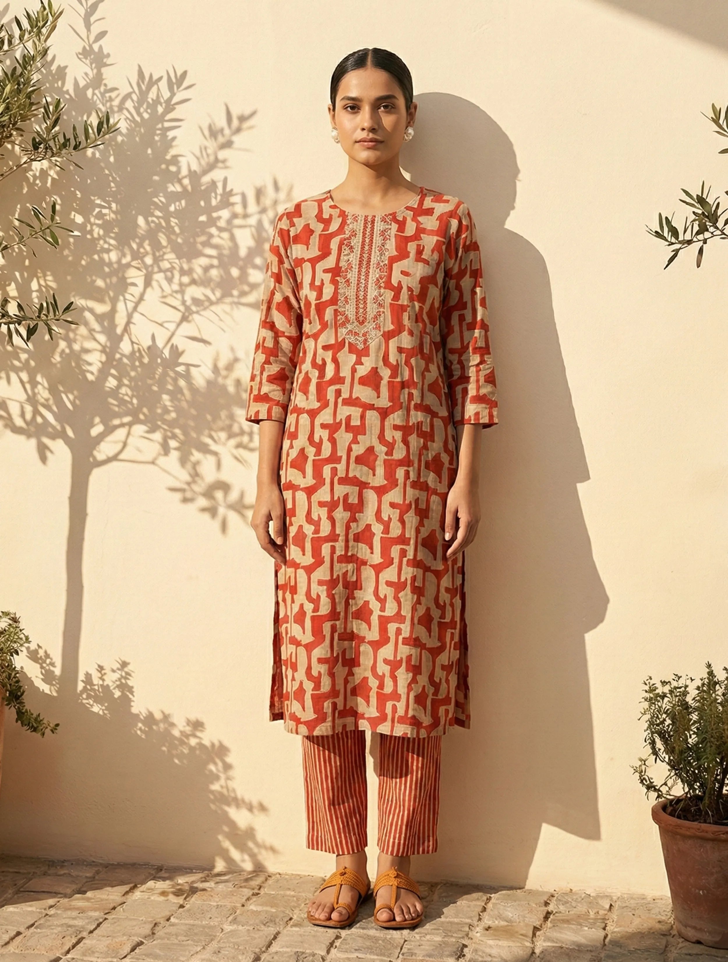 trueBrowns Orange Abstract Print Embroidered Kurta Pant Dupatta Set