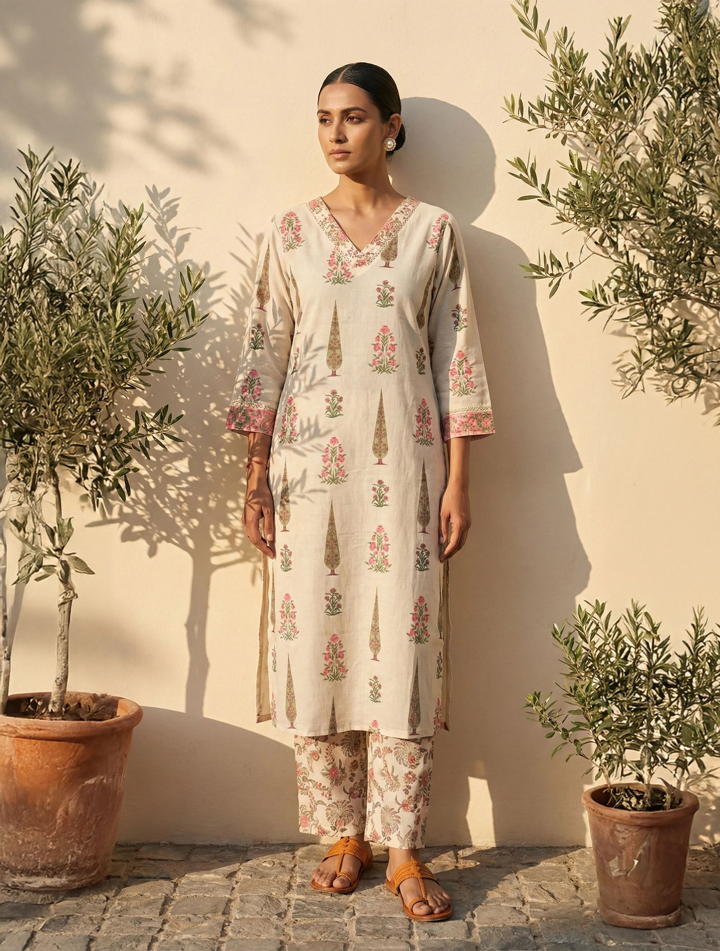 trueBrowns Ivory Boota Print V-Neck Kurta Pant Set