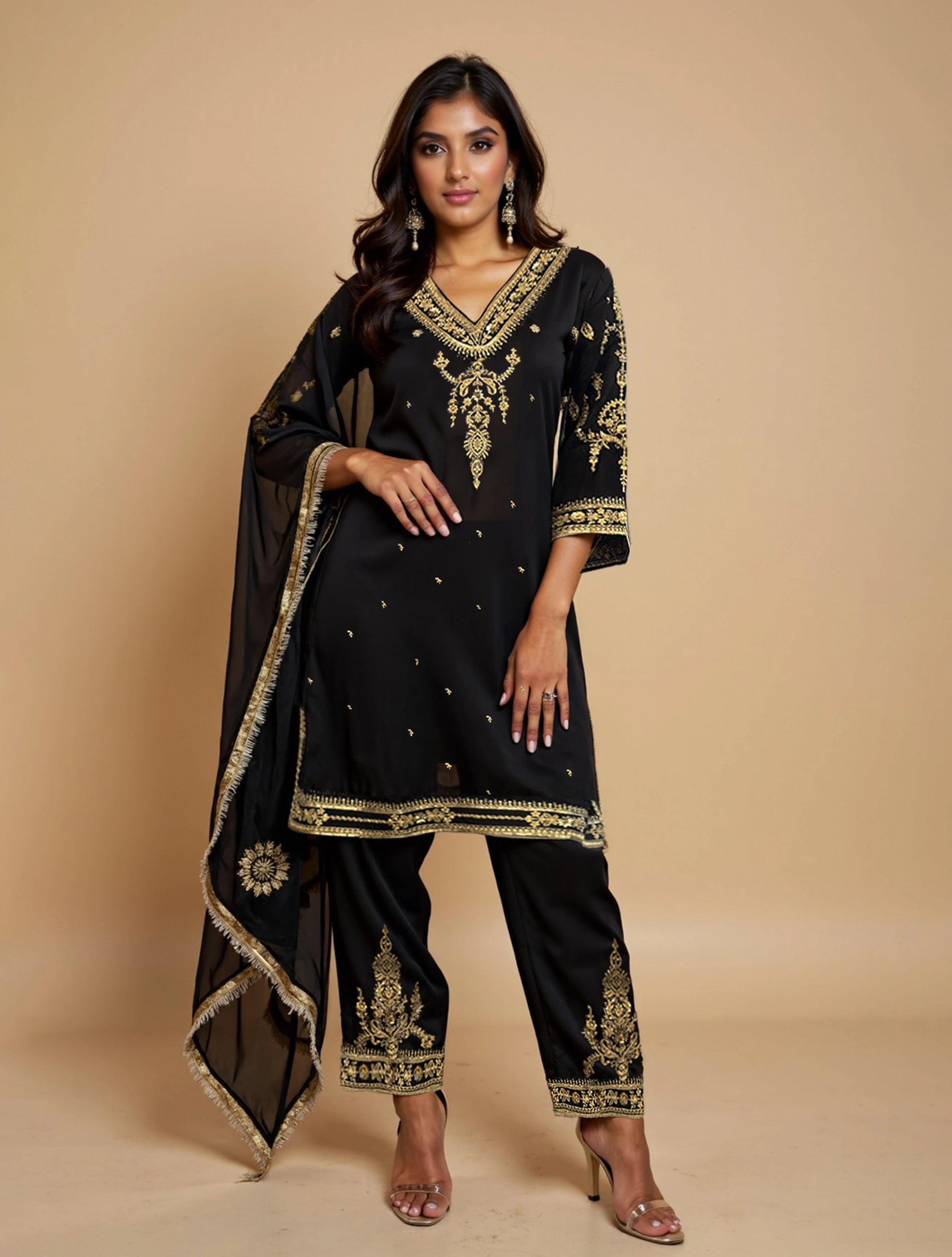 trueBrowns Black Embroidered Straight Kurta Pant Dupatta Set