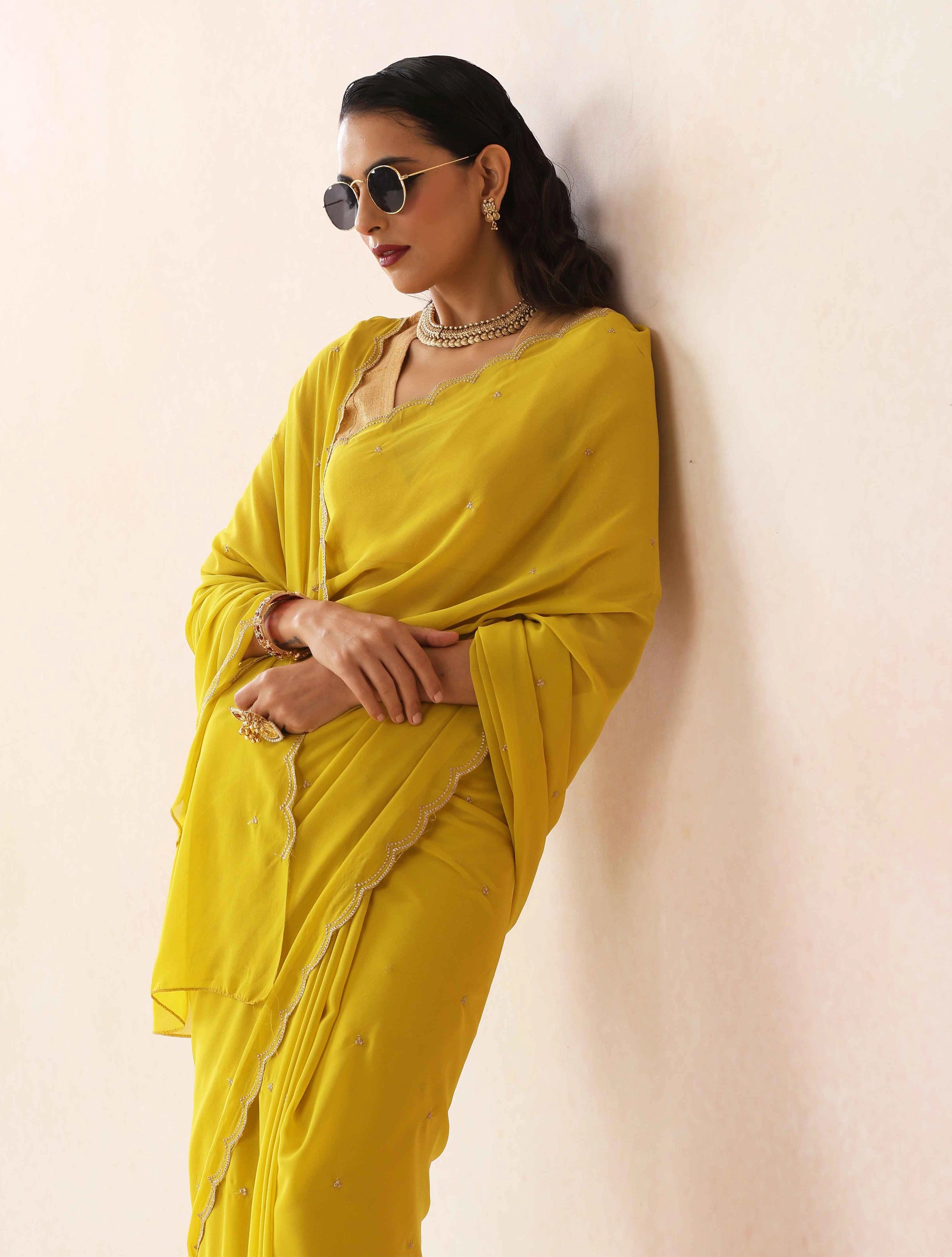 trueBrowns Lime Georgette Embroidered Saree With unstitched Blouse