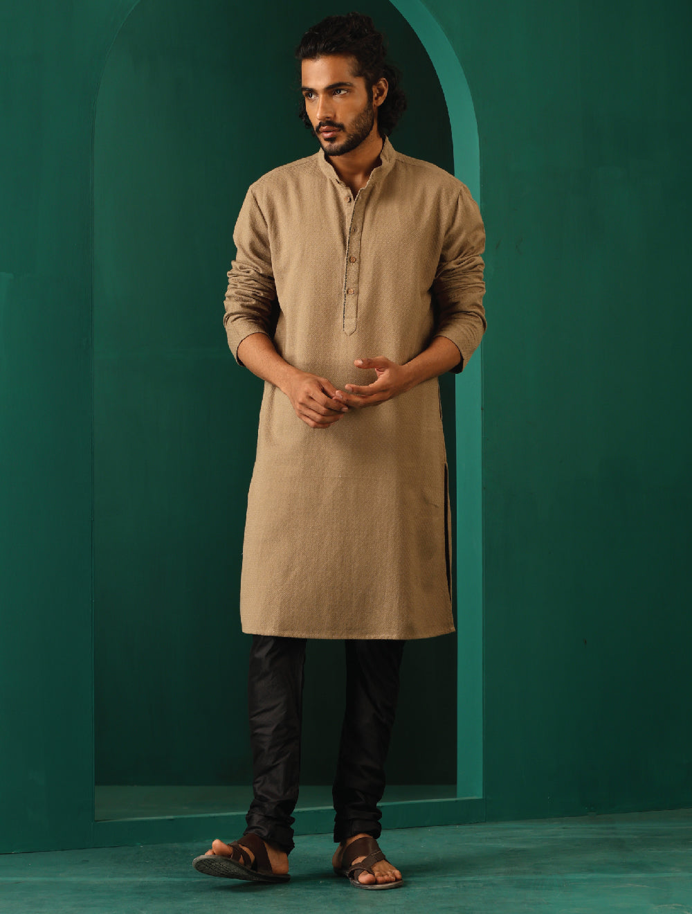 trueBrowns Men's Beige Dobby Textured Kurta