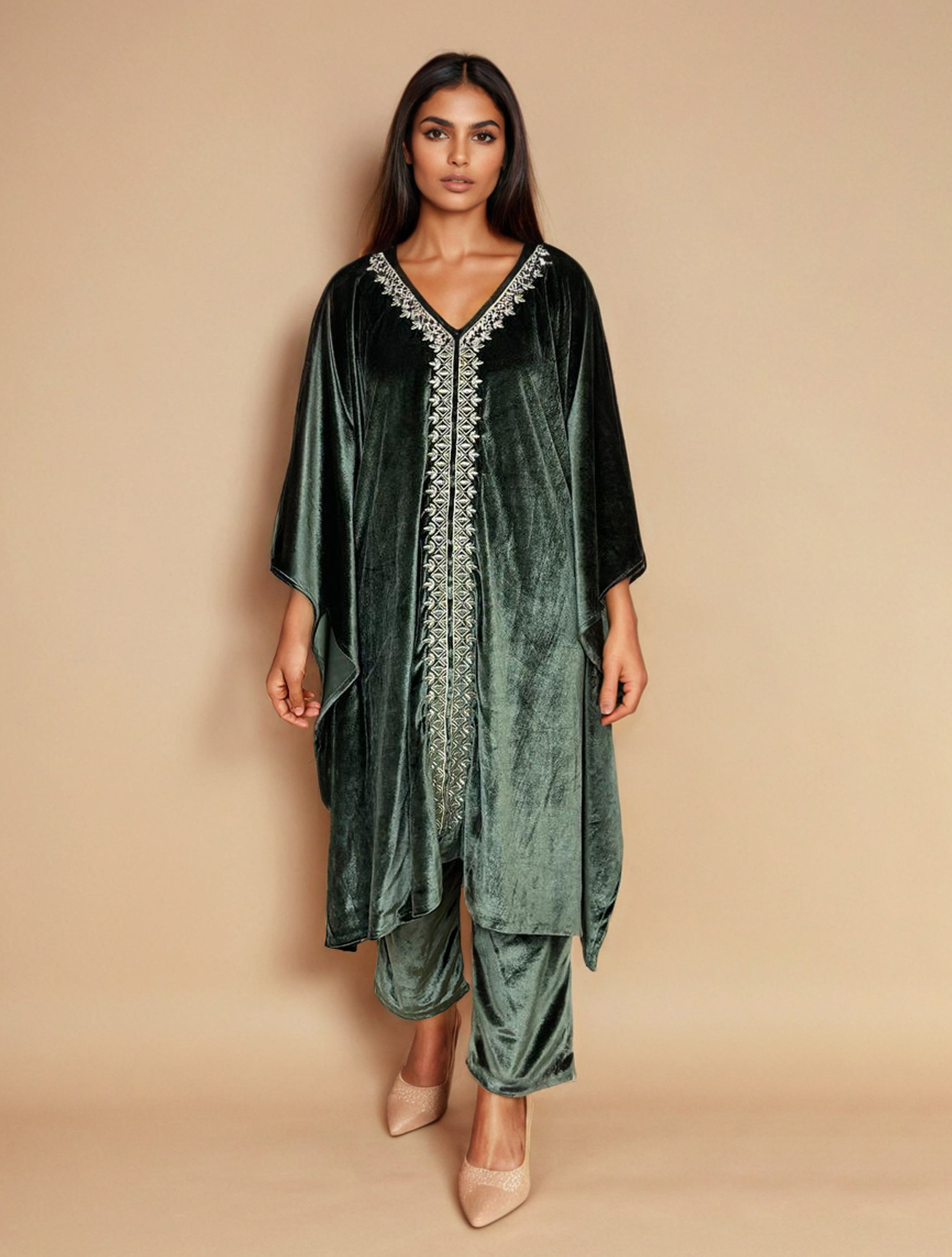 trueBrowns Olive Green Velvet Embroidered Kaftan Kurta Set