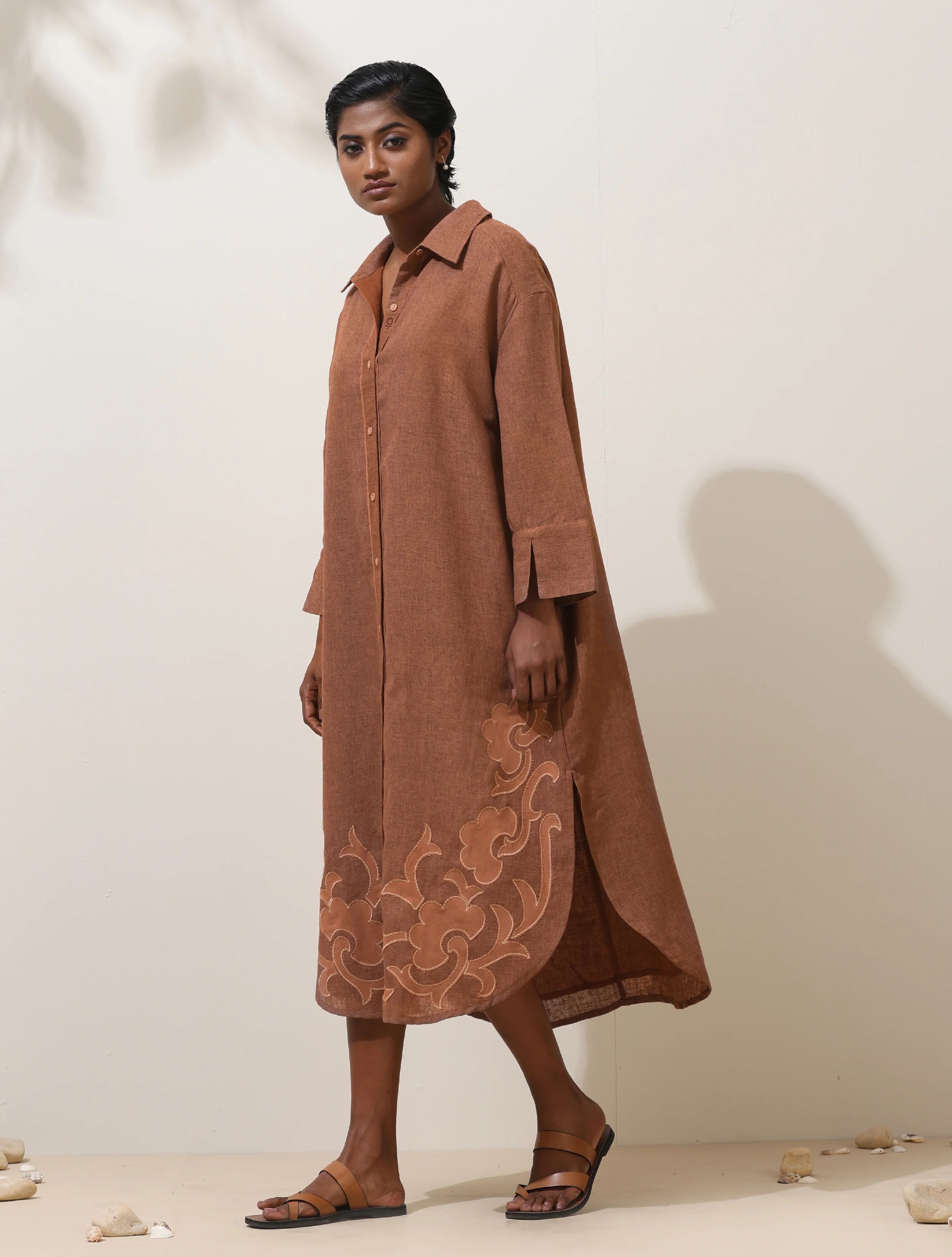 trueBrowns Sierra Brown Embroidered Natural Cotton Dress