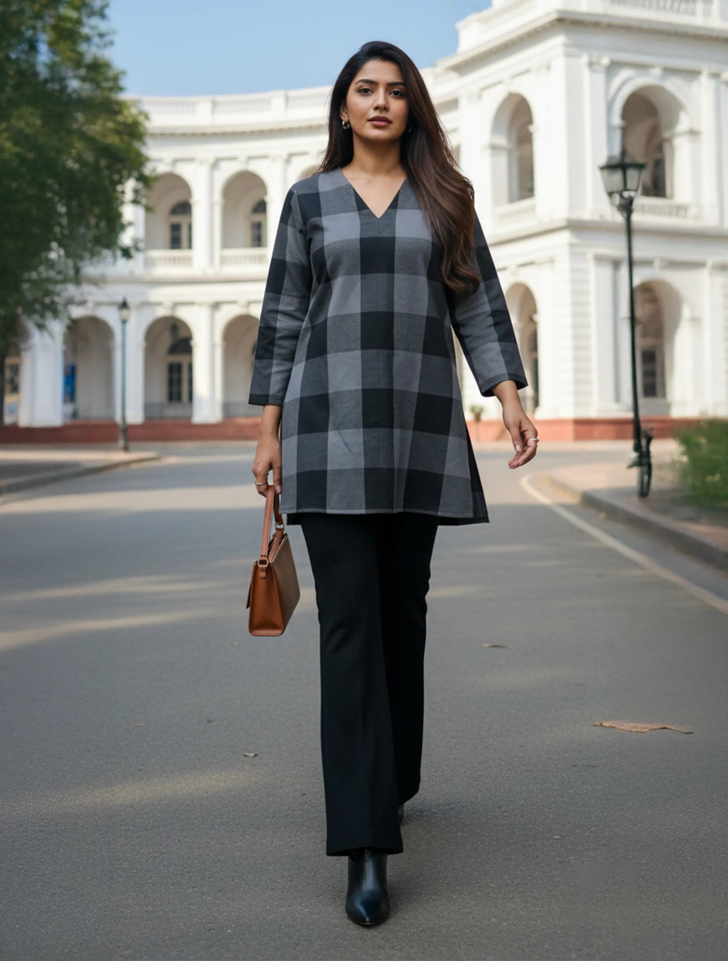trueBrowns Black Grey Check High-Slit Winter Top