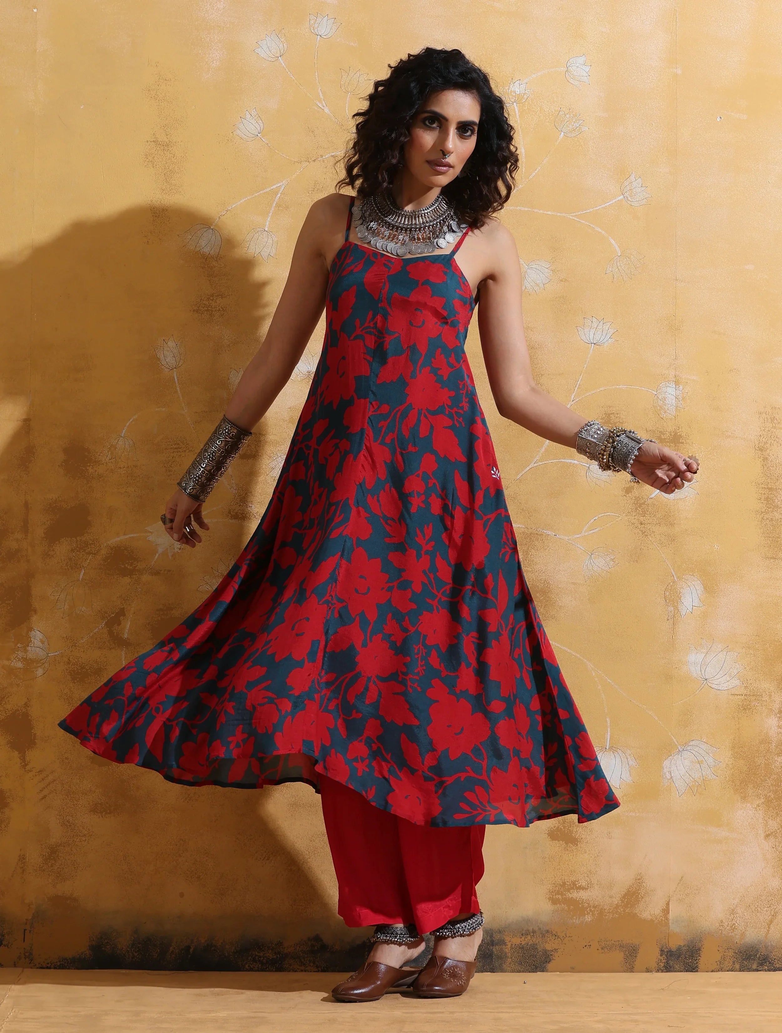 trueBrowns Red Teal Jaal Print Muslin Silk Flared Kurta Set