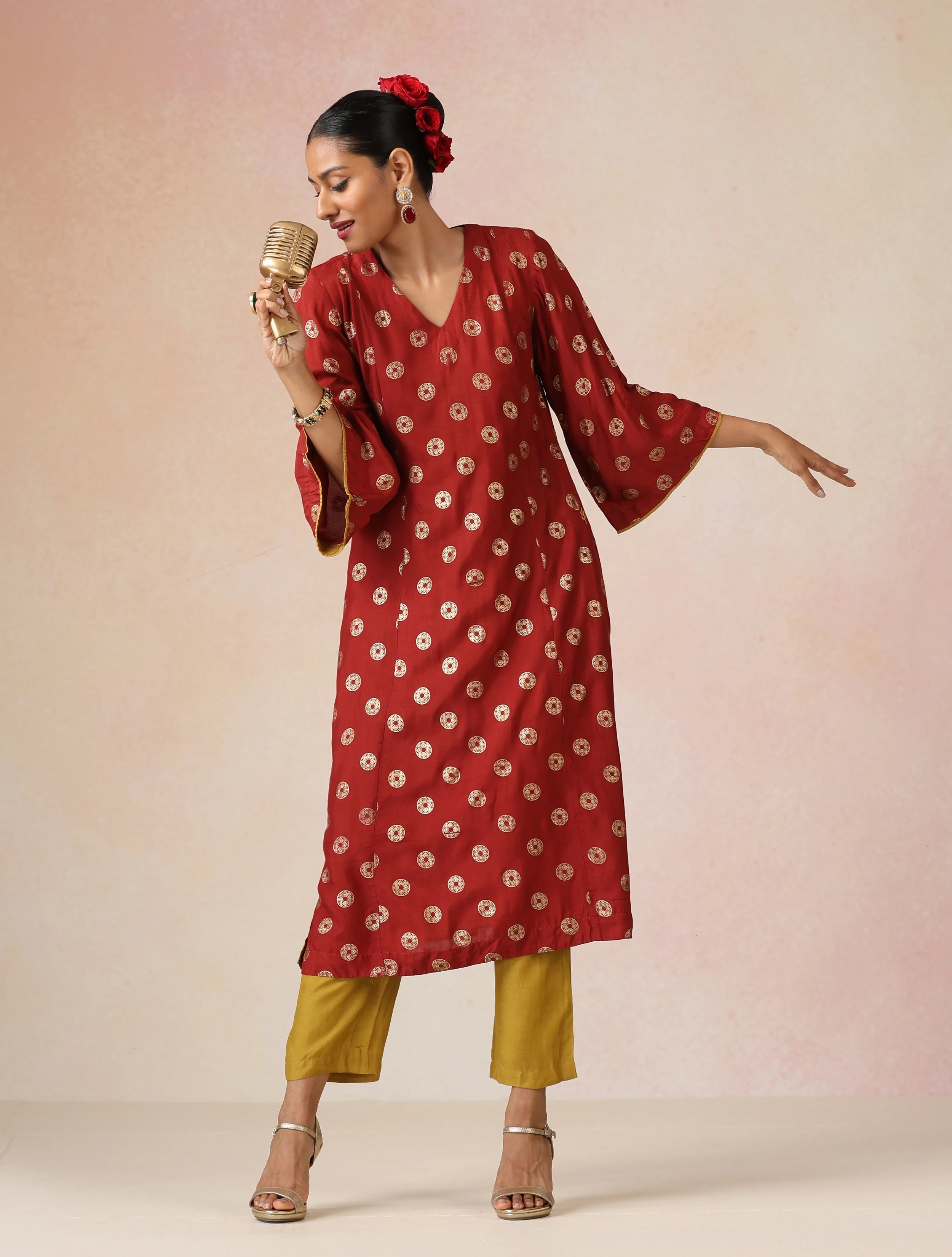 trueBrowns Red Gold Foil Print Muslin Silk A-line Kurta Set