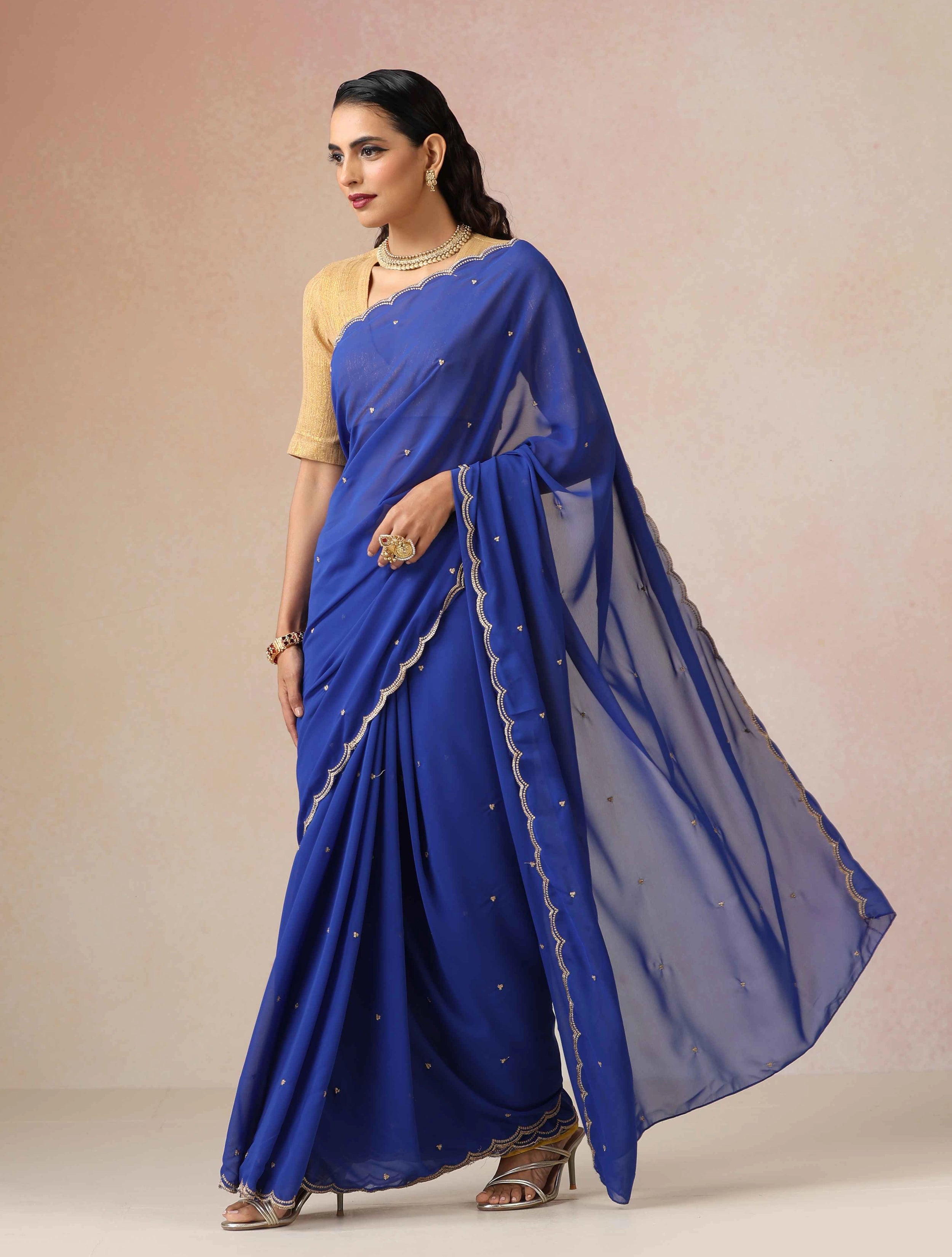 trueBrowns Blue Georgette Embroidered Saree With unstitched Blouse