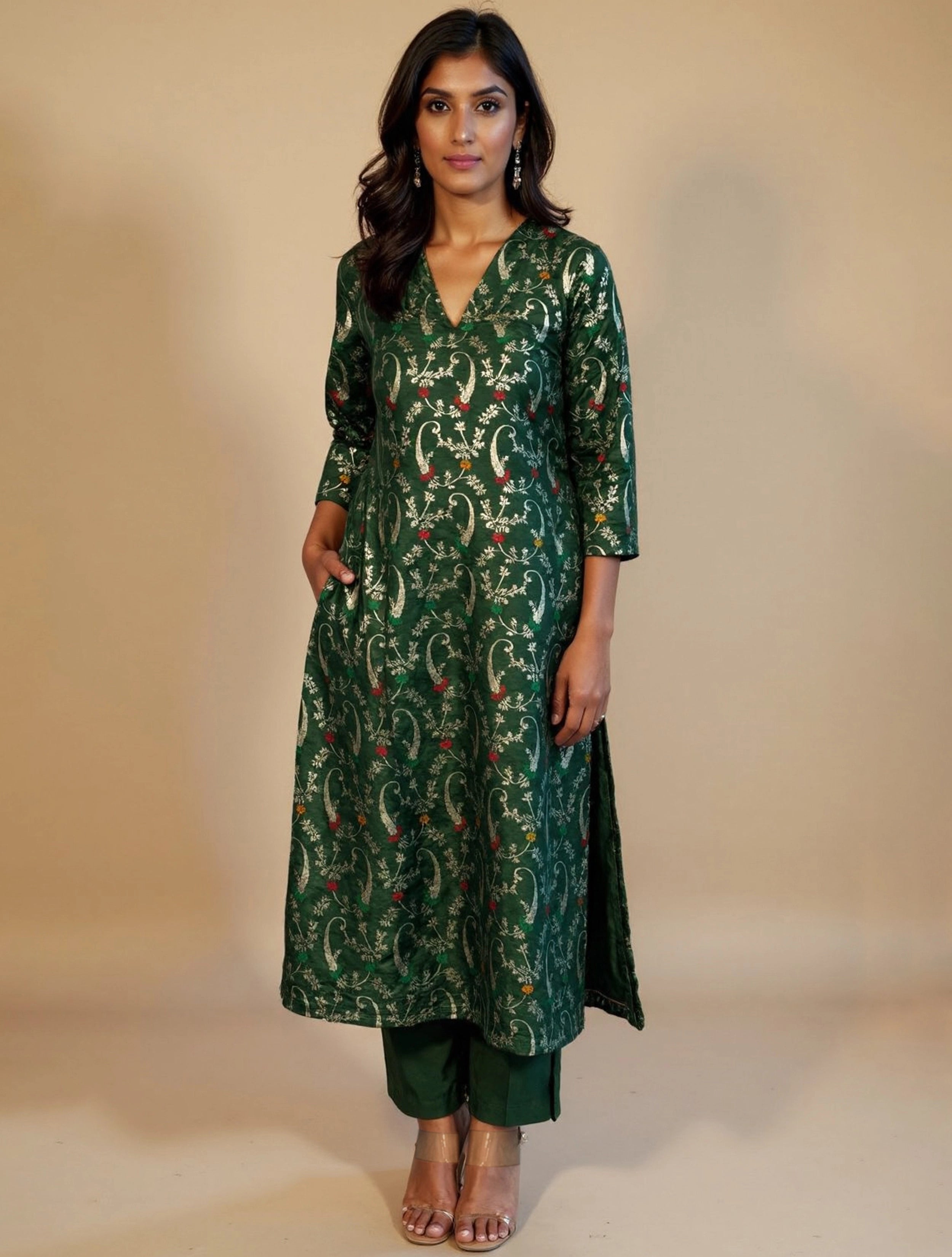 trueBrowns Green Brocade Straight High-Slit Kurta Set
