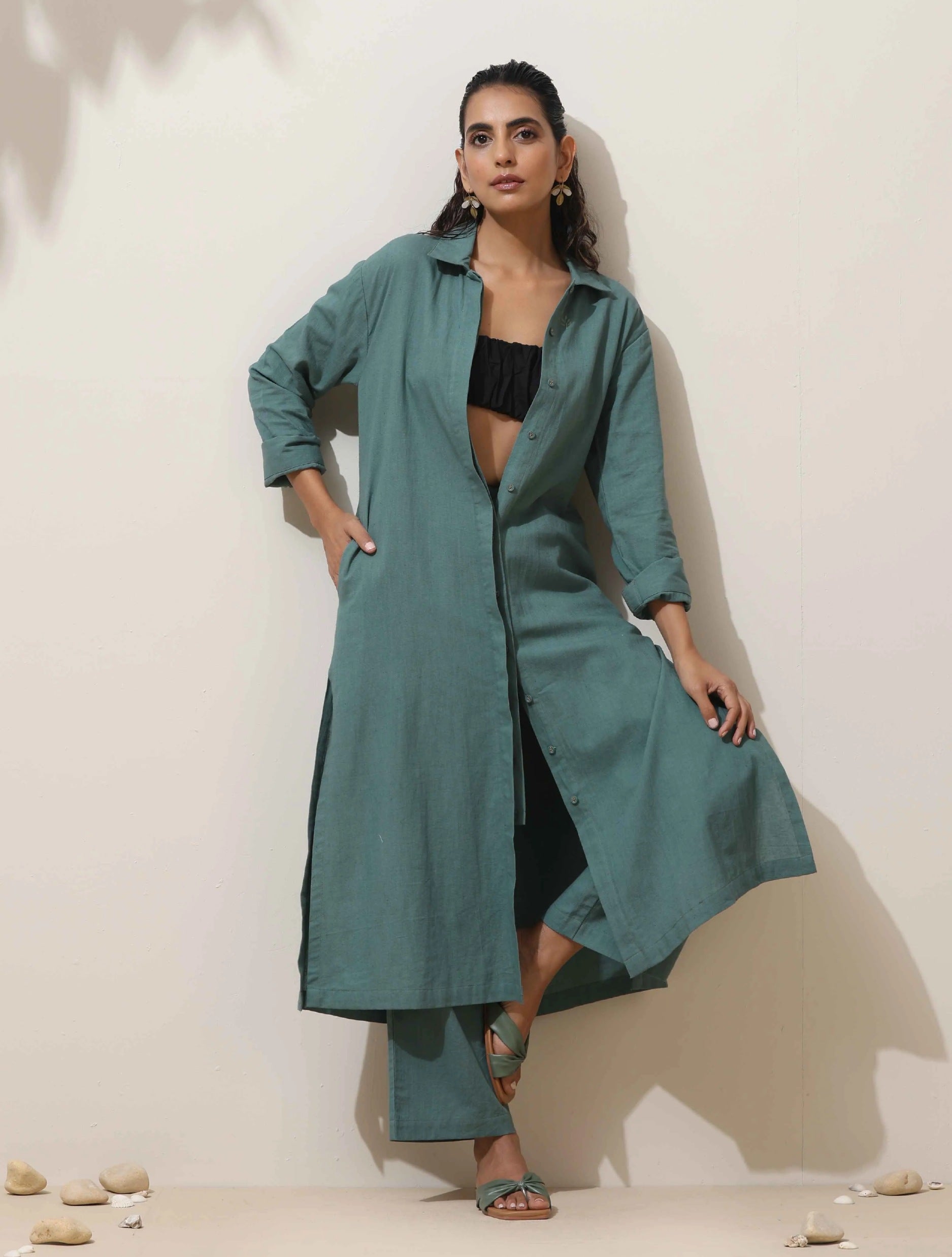 trueBrowns Green Cotton Linen Kurta Pant Set