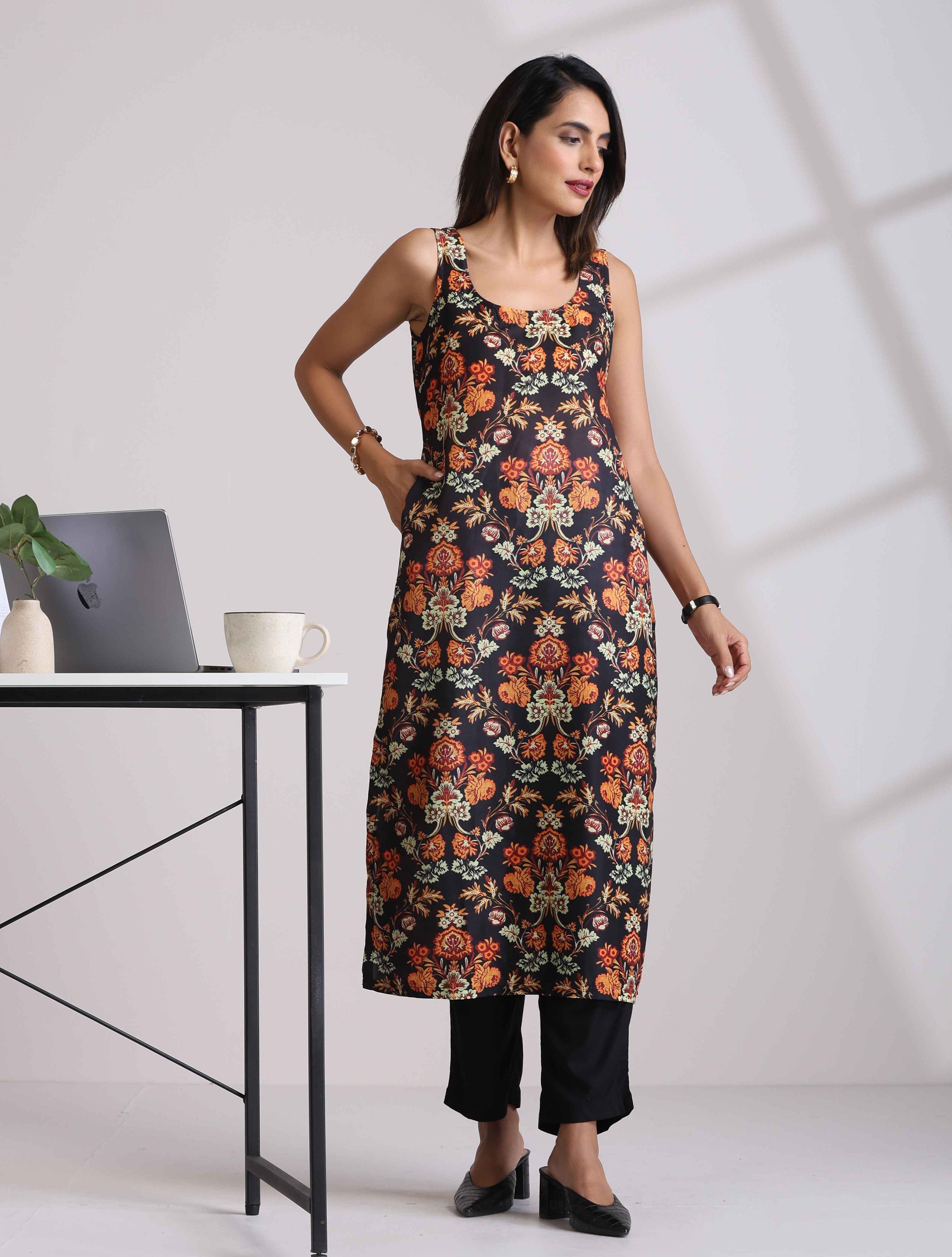 trueBrowns Black Print Straight Kurta Set