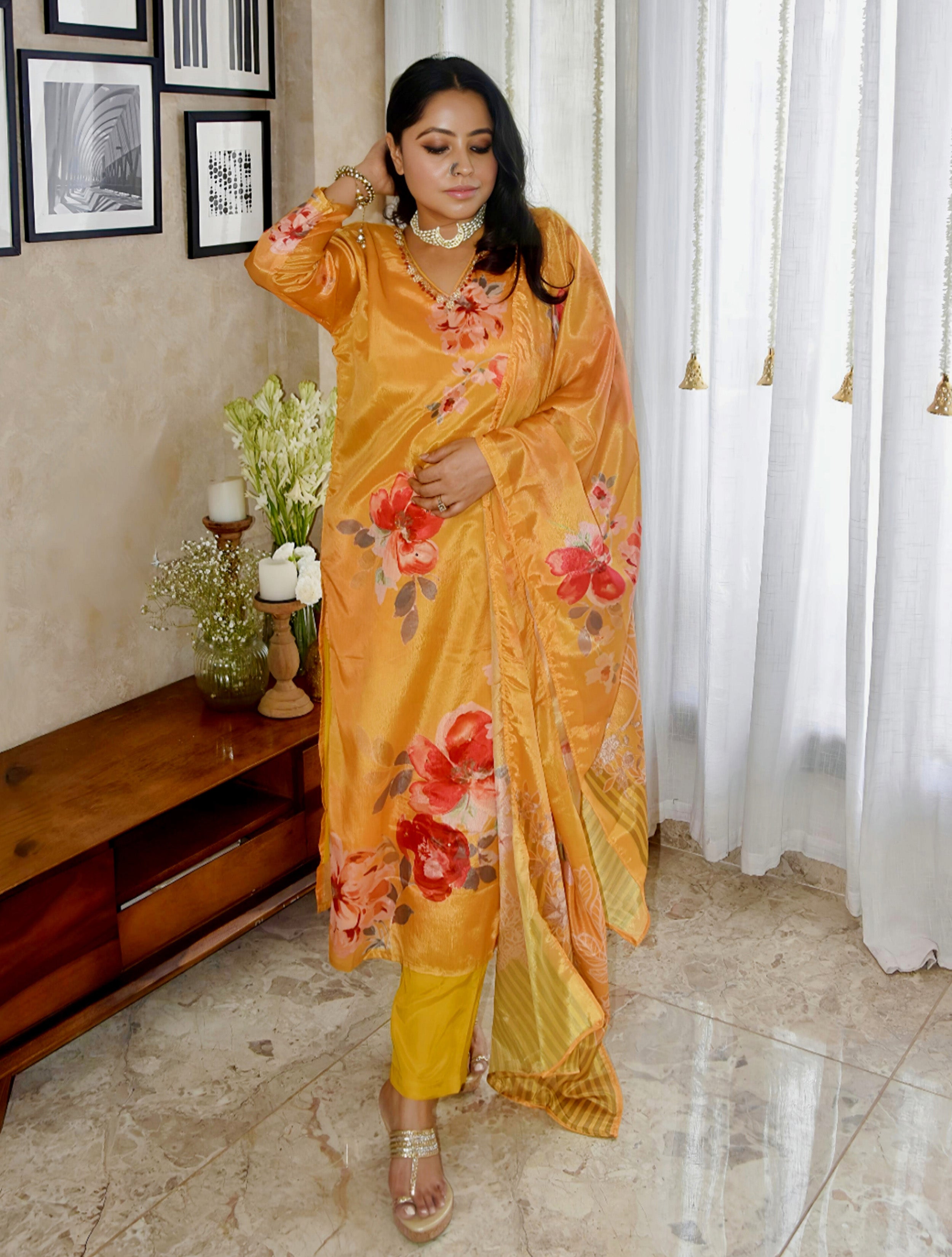 trueBrowns Yellow Floral V-Neck Emb Straight Kurta Pant Dupatta Set