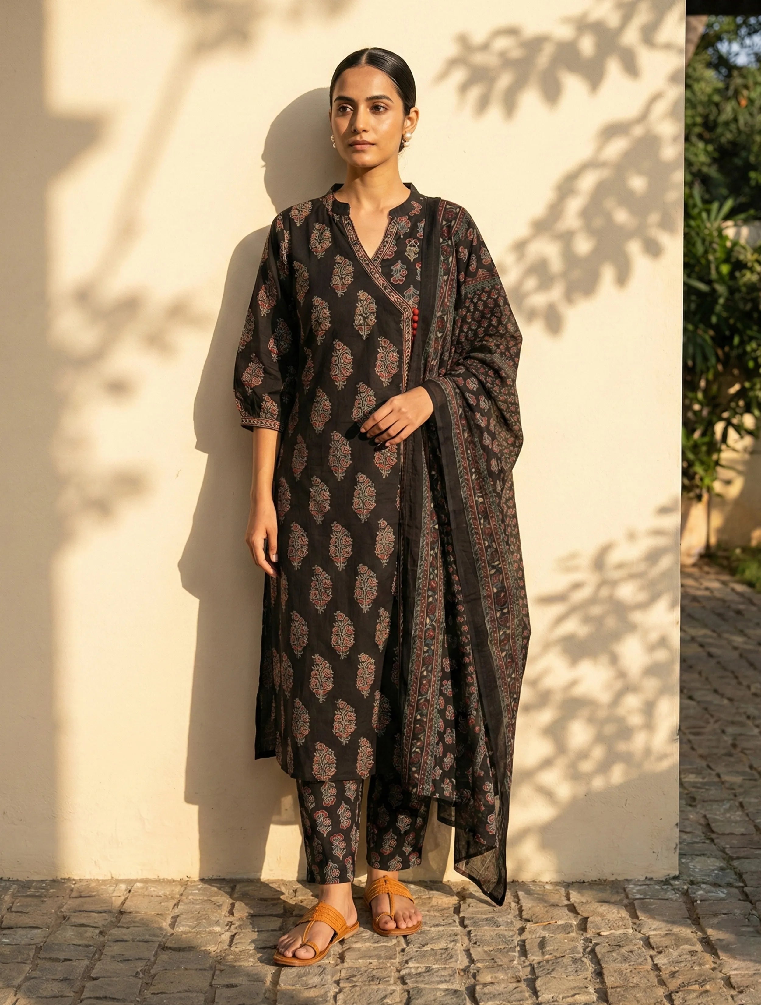 trueBrowns Black Boota Print Angrakha Kurta Pant Dupatta Set