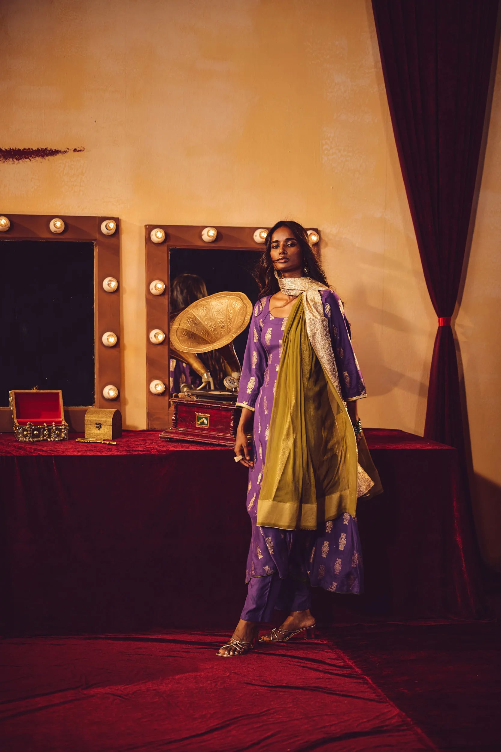 trueBrowns Purple Gold Foil Print Muslin Silk Anarkali Kurta Pants Dupatta Set