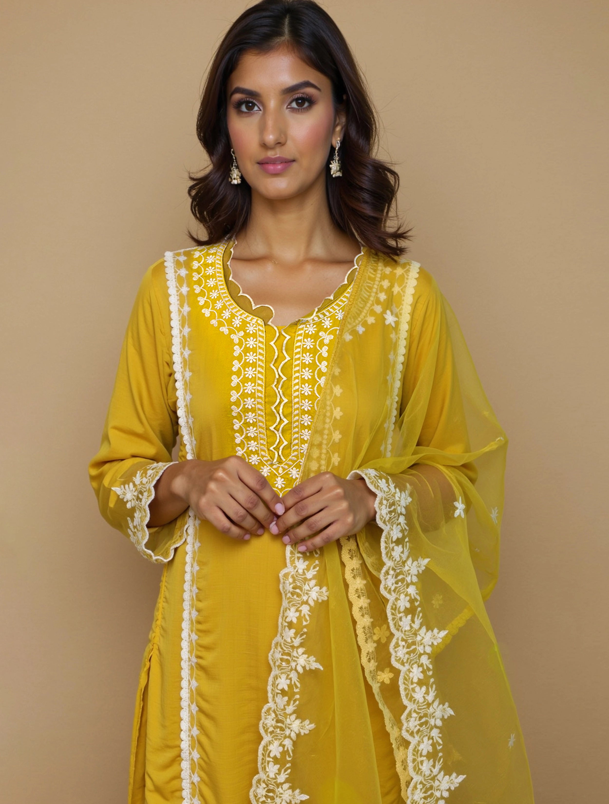 trueBrowns Yellow Embroidered Round Neck Straight Kurta 3pc Set