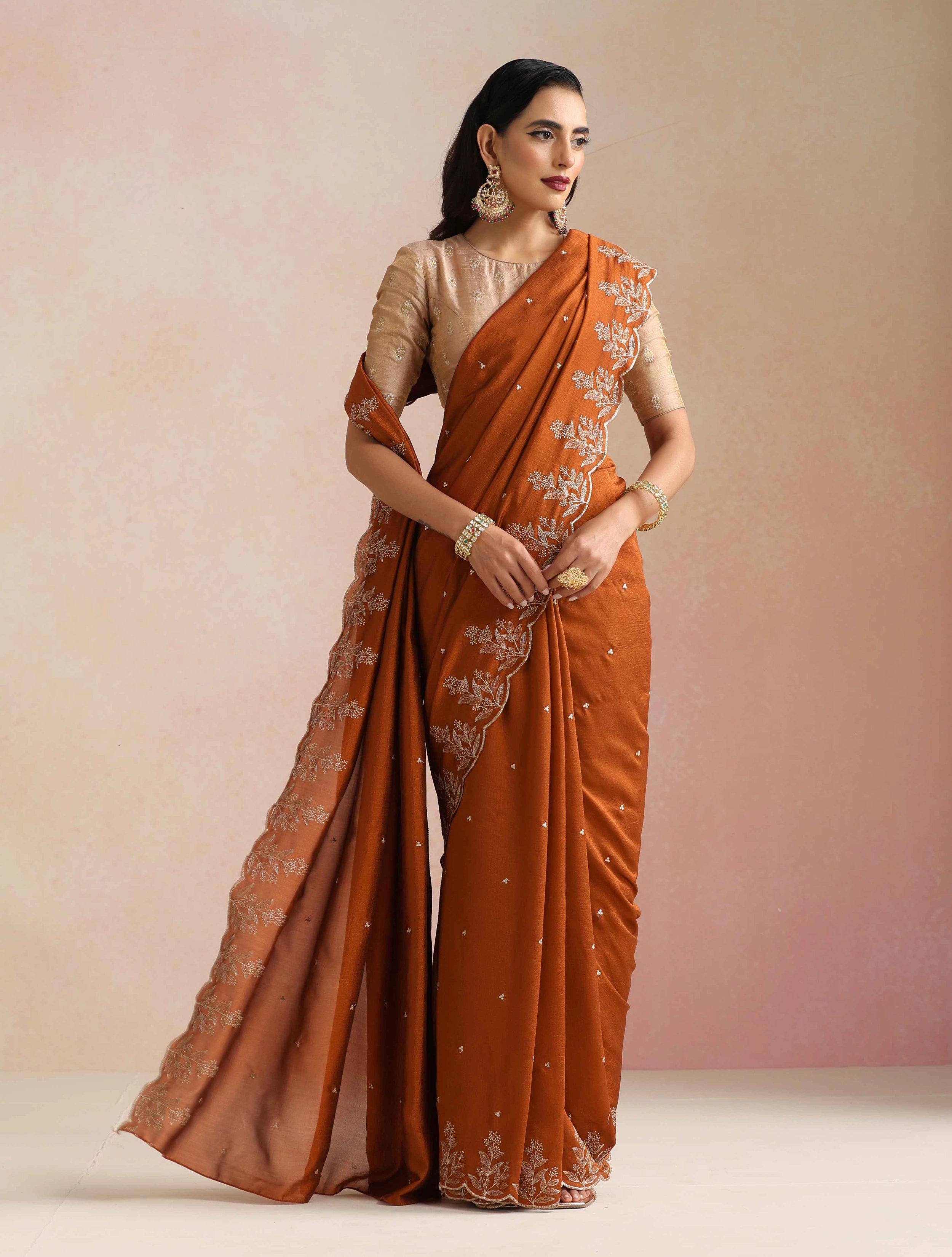trueBrowns Rust All Over Zari Embroidered Saree With Unstitched Blouse