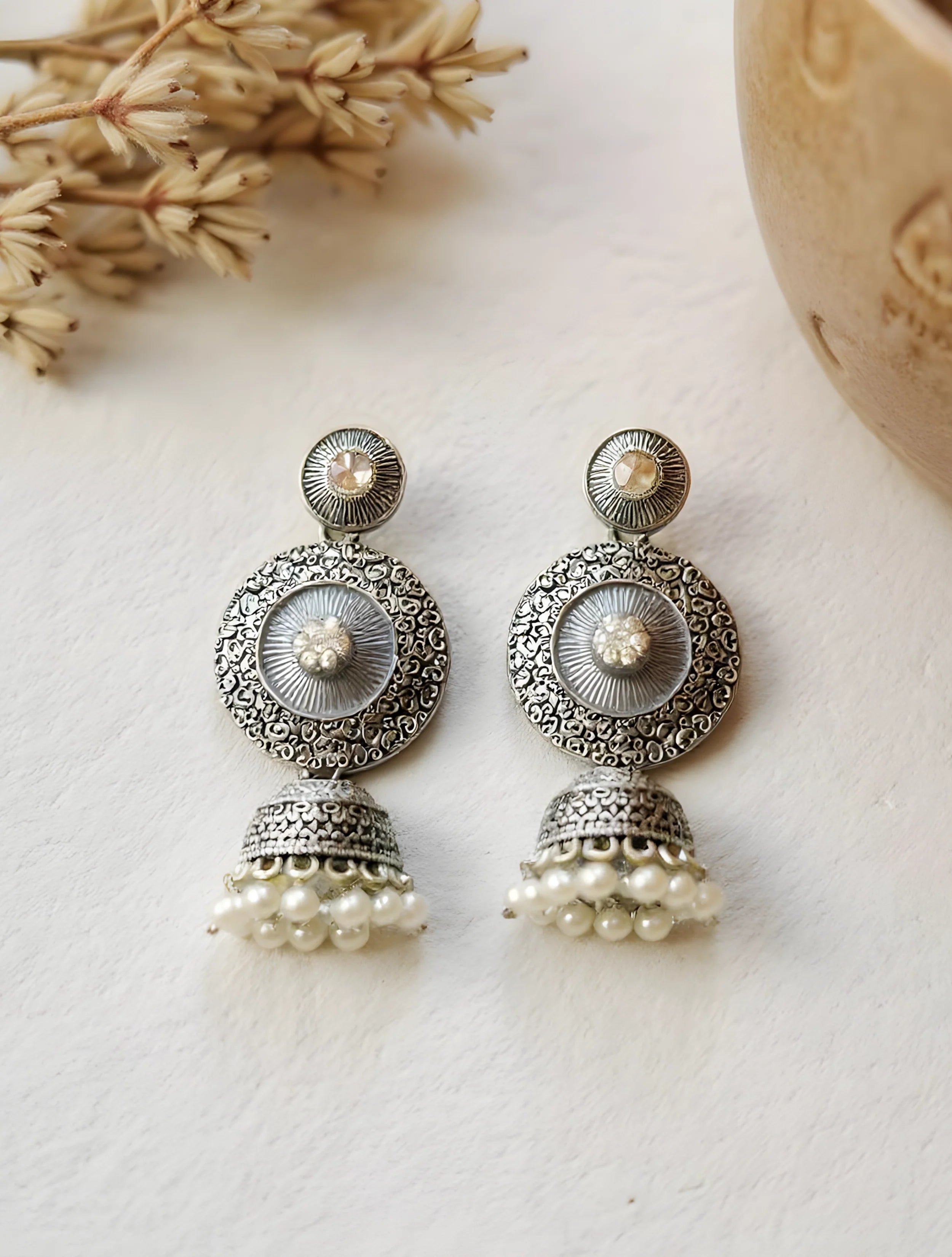 trueBrowns Grey Pearl Jhumka Earrings