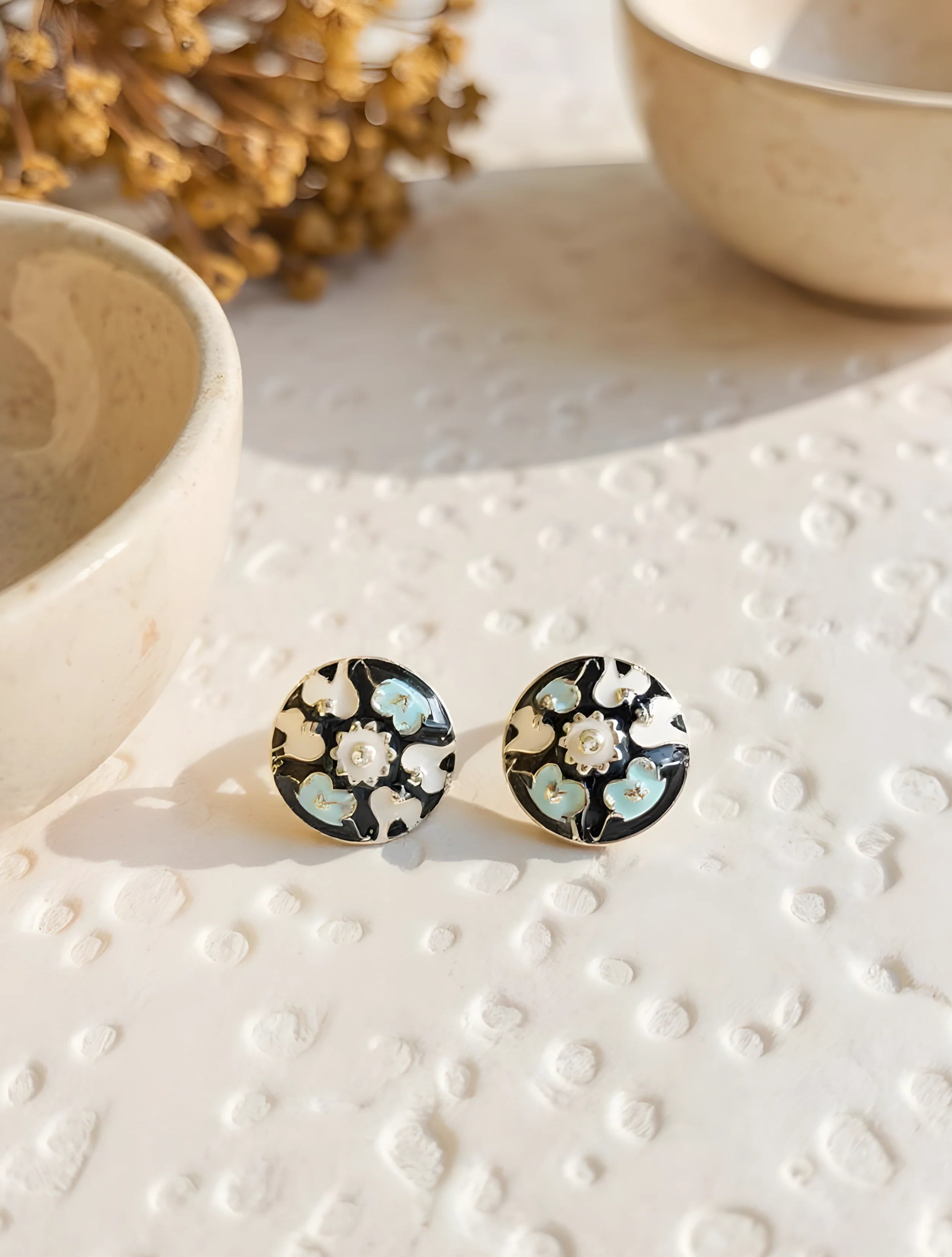 truebrowns Blue And White Round Enamel Stud Earrings