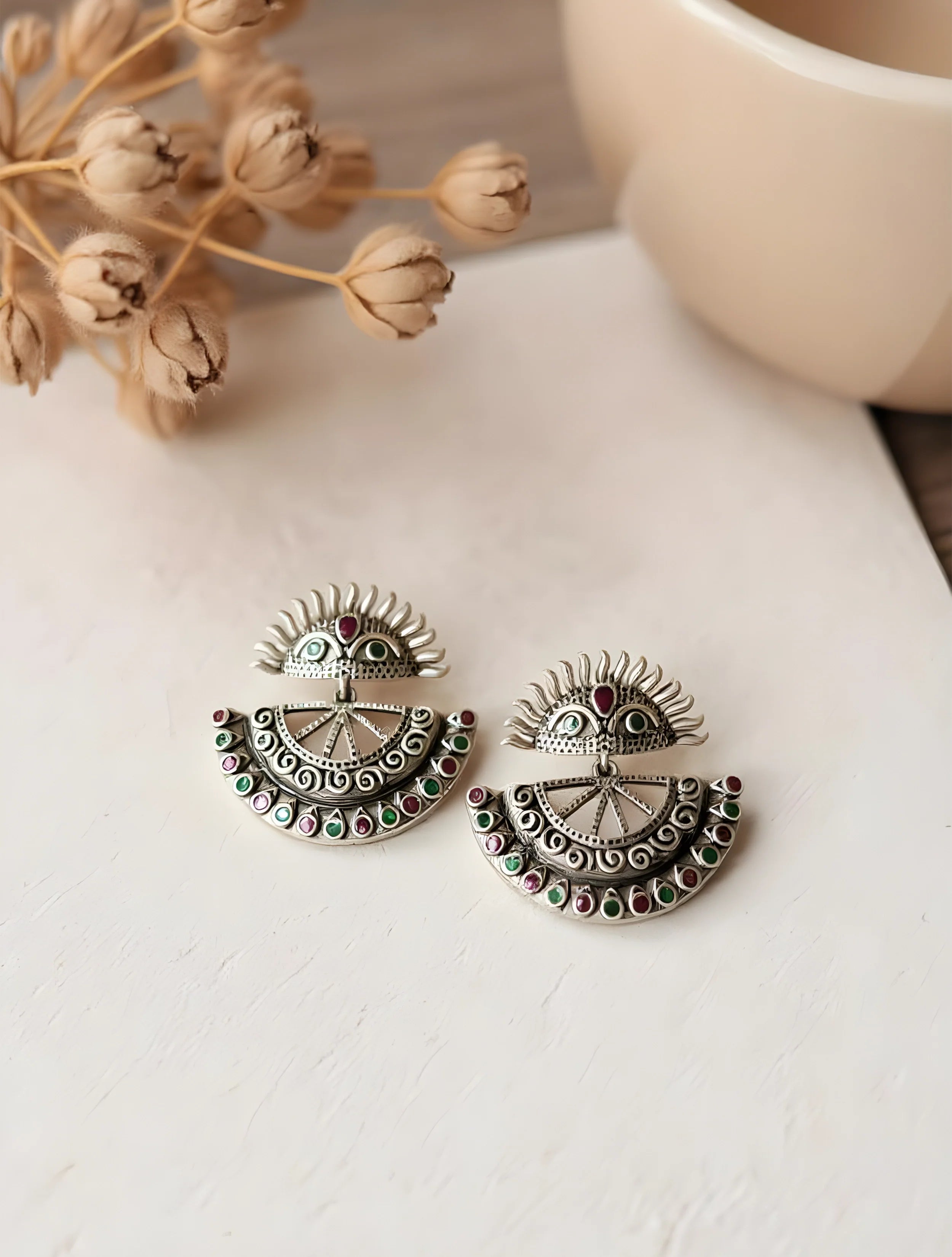 trueBrowns Sliver Toned Half Mandala Stone Studded Earrings