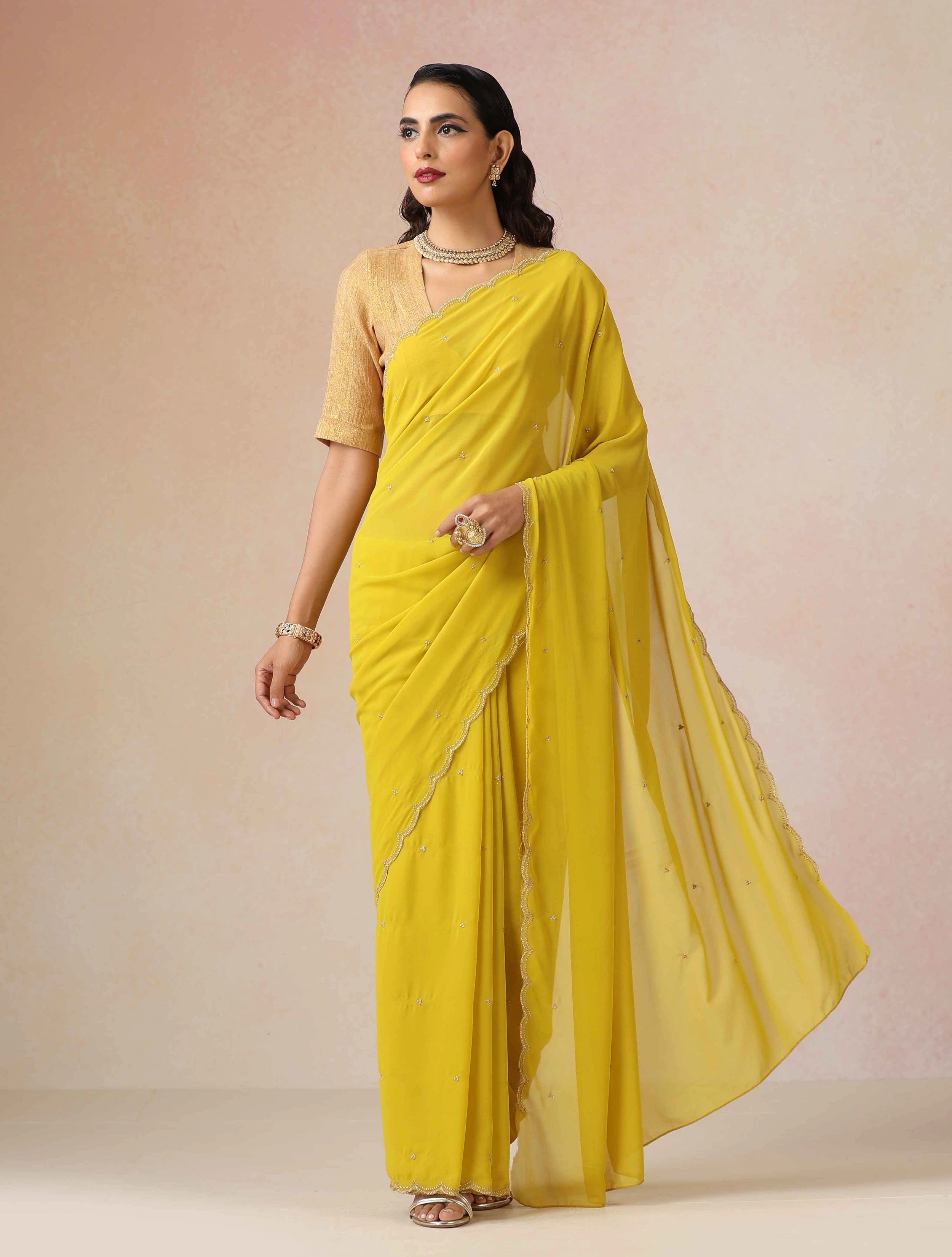 trueBrowns Lime Georgette Embroidered Saree With unstitched Blouse