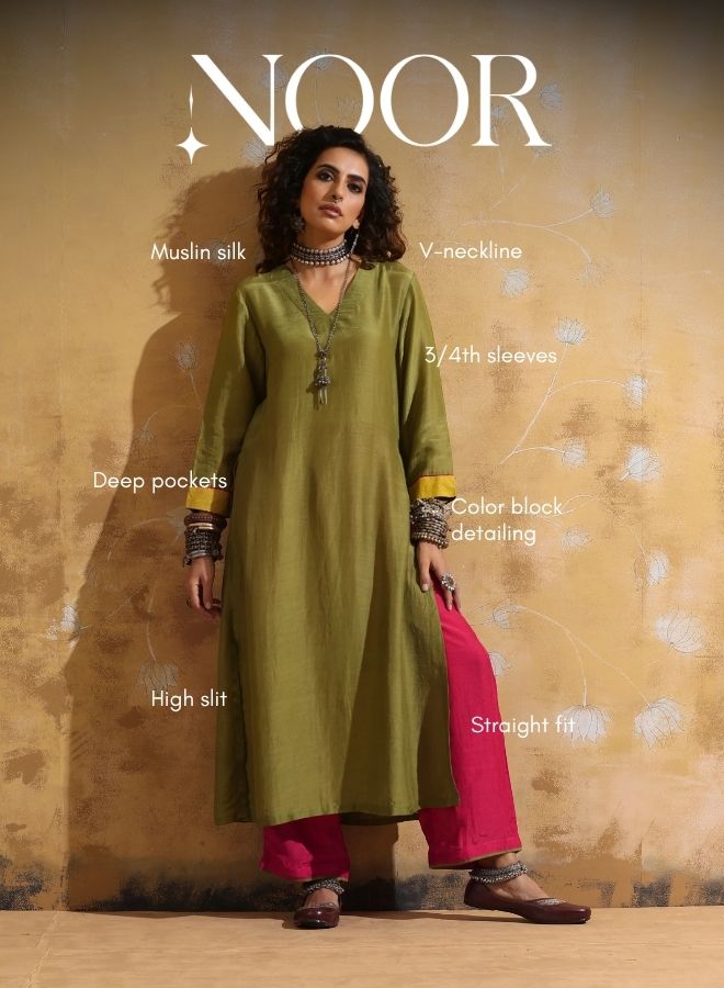 trueBrowns Green Muslin Silk High-Slit Kurta Pant Set