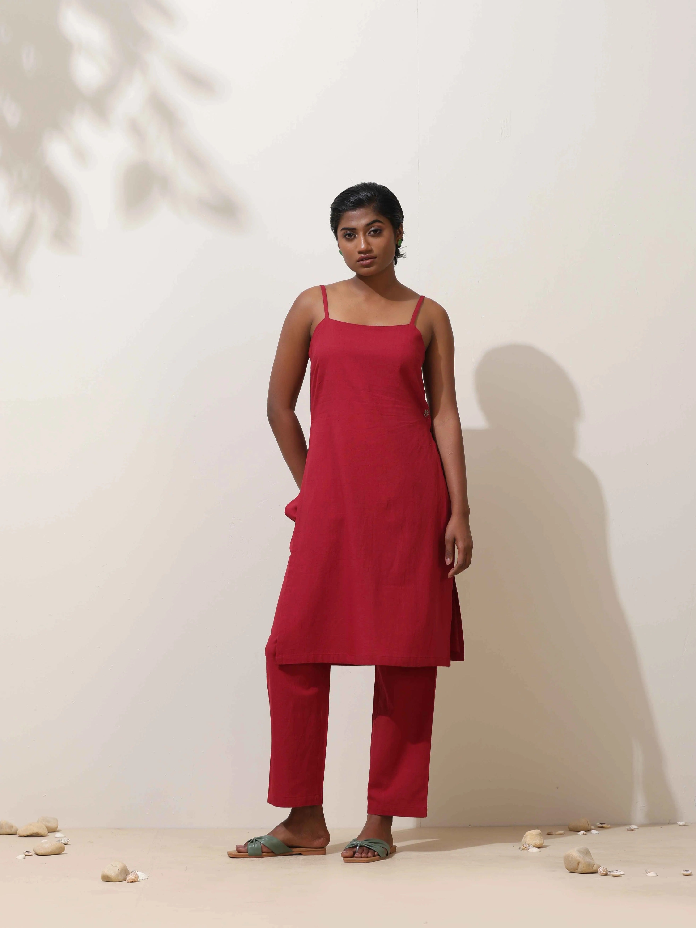 trueBrowns Maroon Cotton Linen Kurta Co-Ord Set