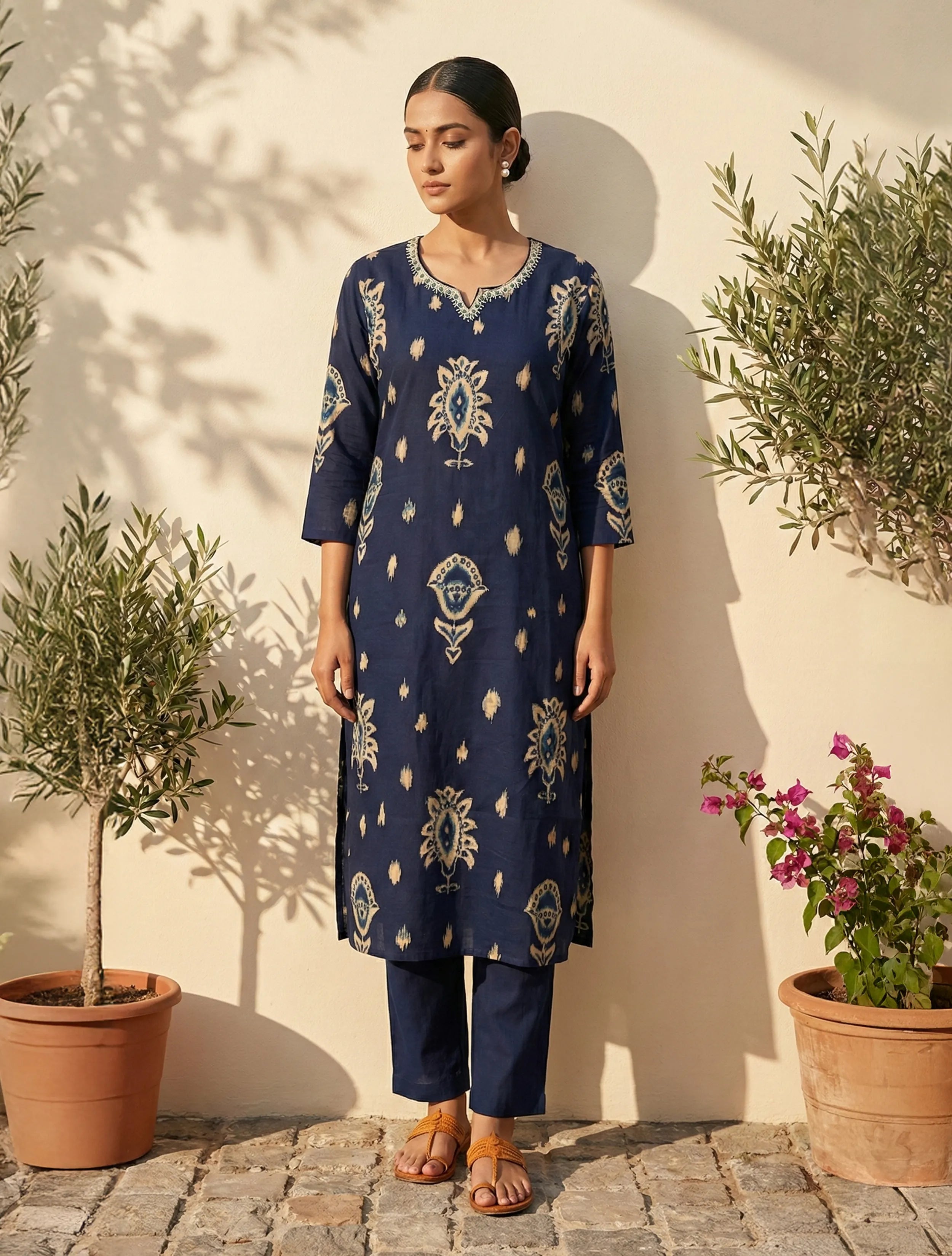 trueBrowns Blue Print Embroidered Round With V-Neck Kurta Pant Dupatta Set