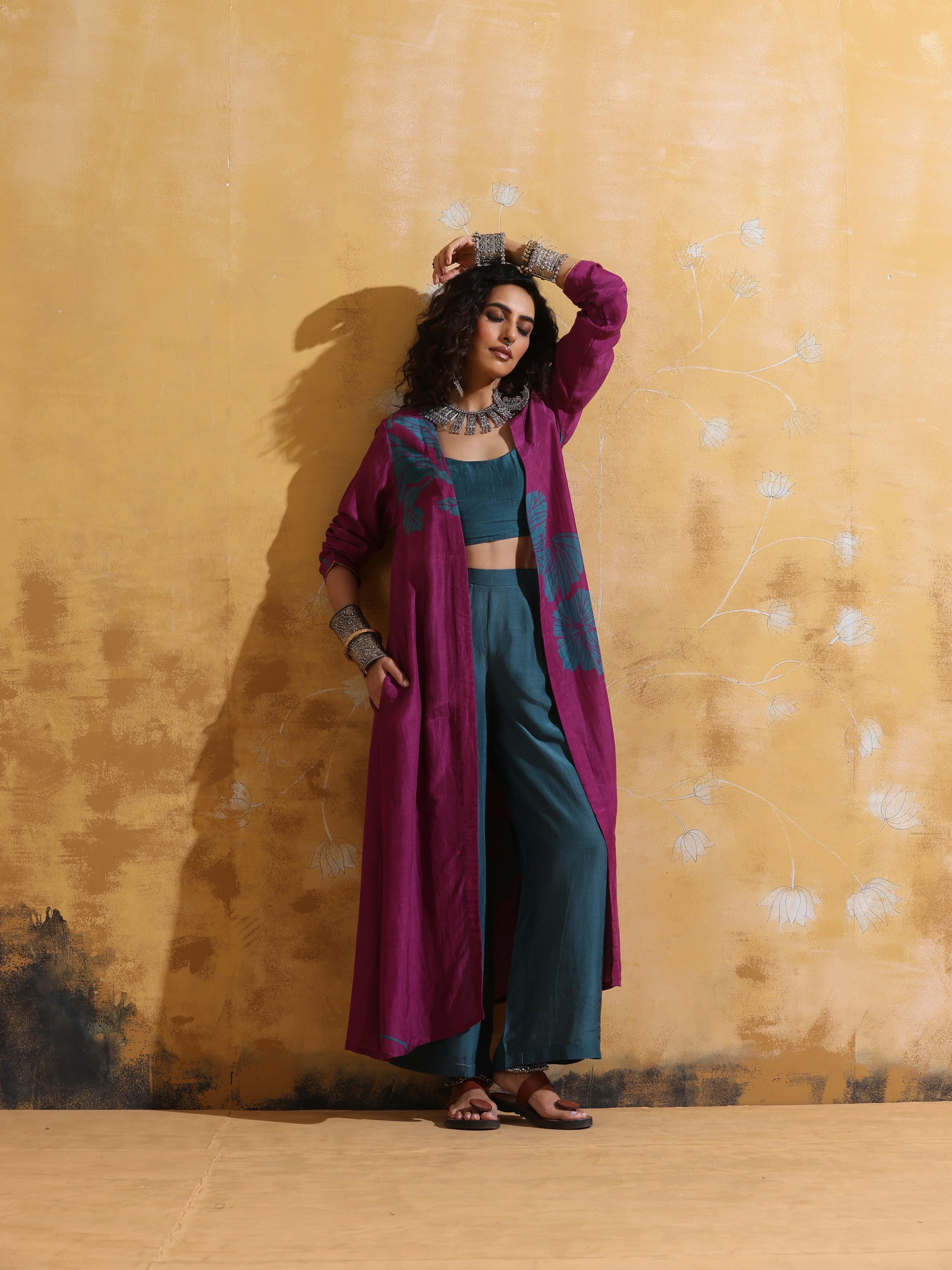 trueBrowns Purple Teal Print Muslin Silk Jacket Set