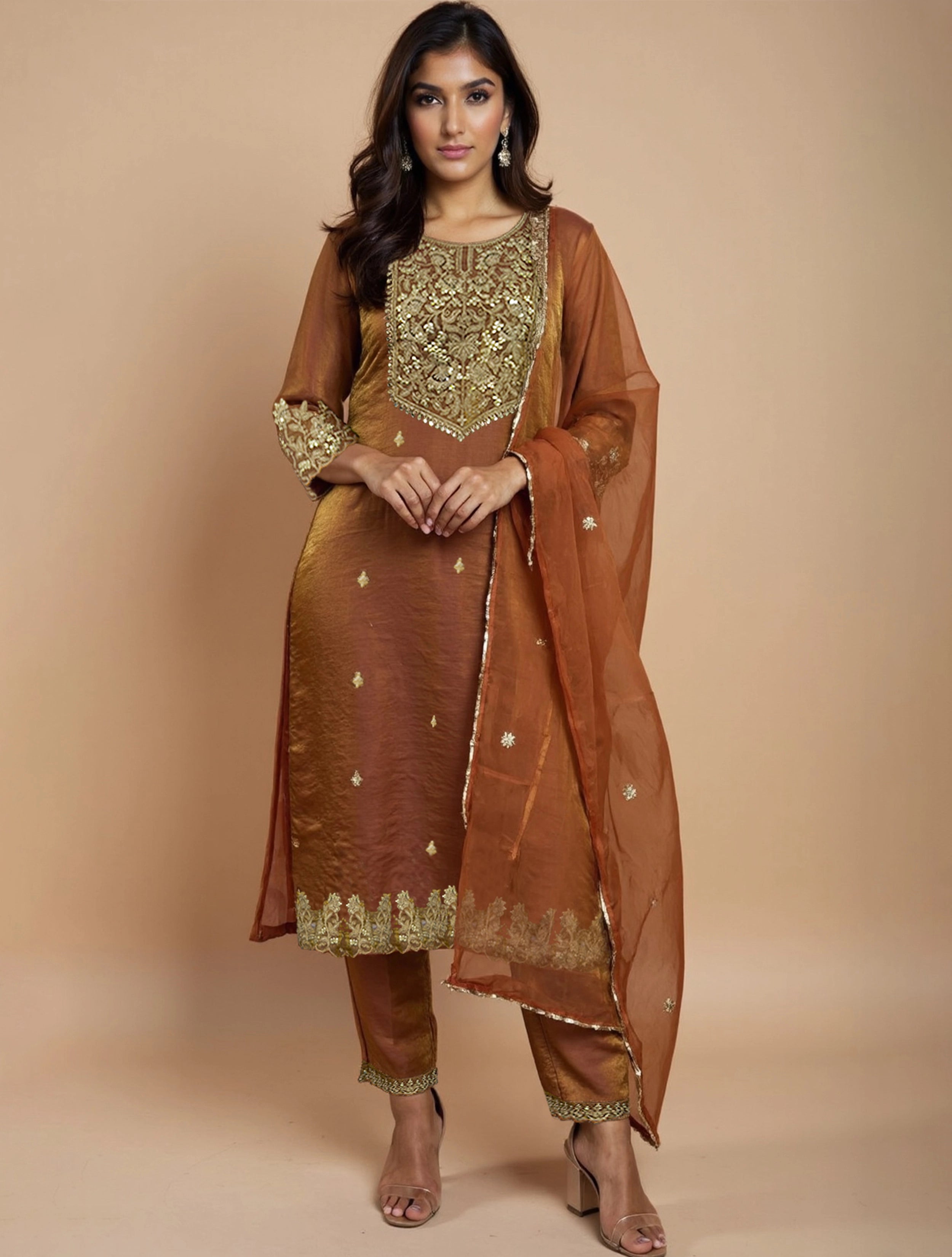 trueBrowns Brown All Over Embroidered Tissue Straight Kurta 3pc Set