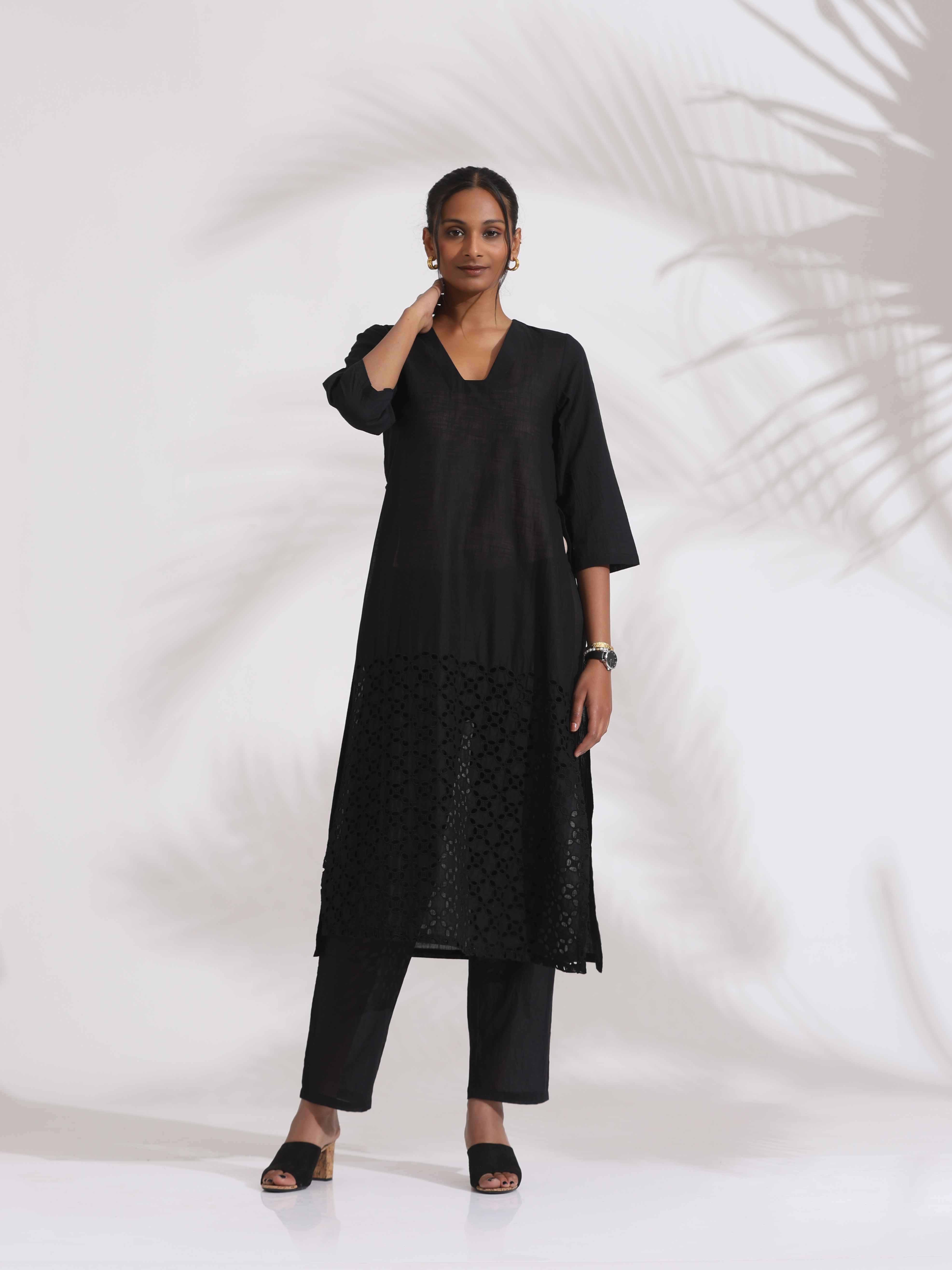 trueBrowns Black Cotton Schiffli Kurta Set