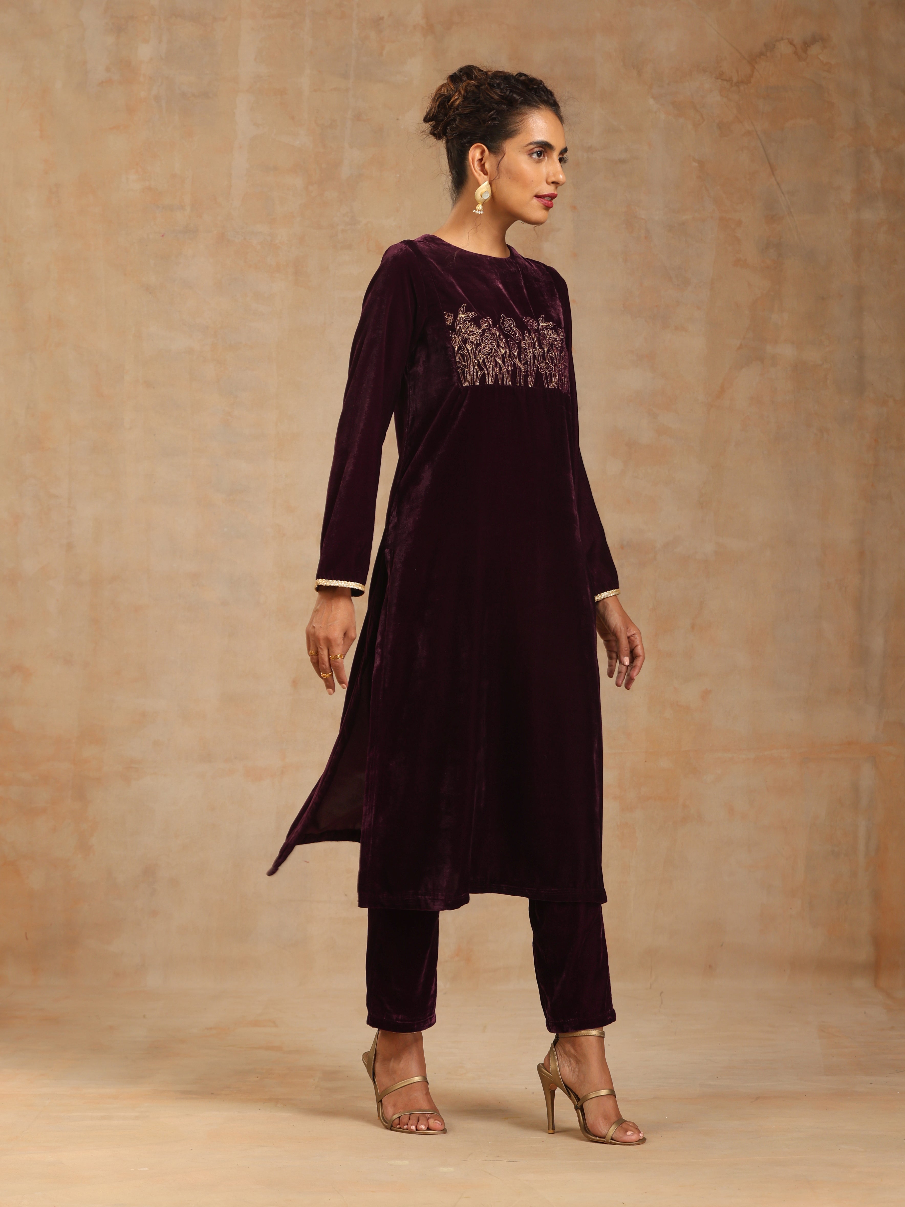 trueBrowns Wine Velvet Yoke Embroidered Kurta
