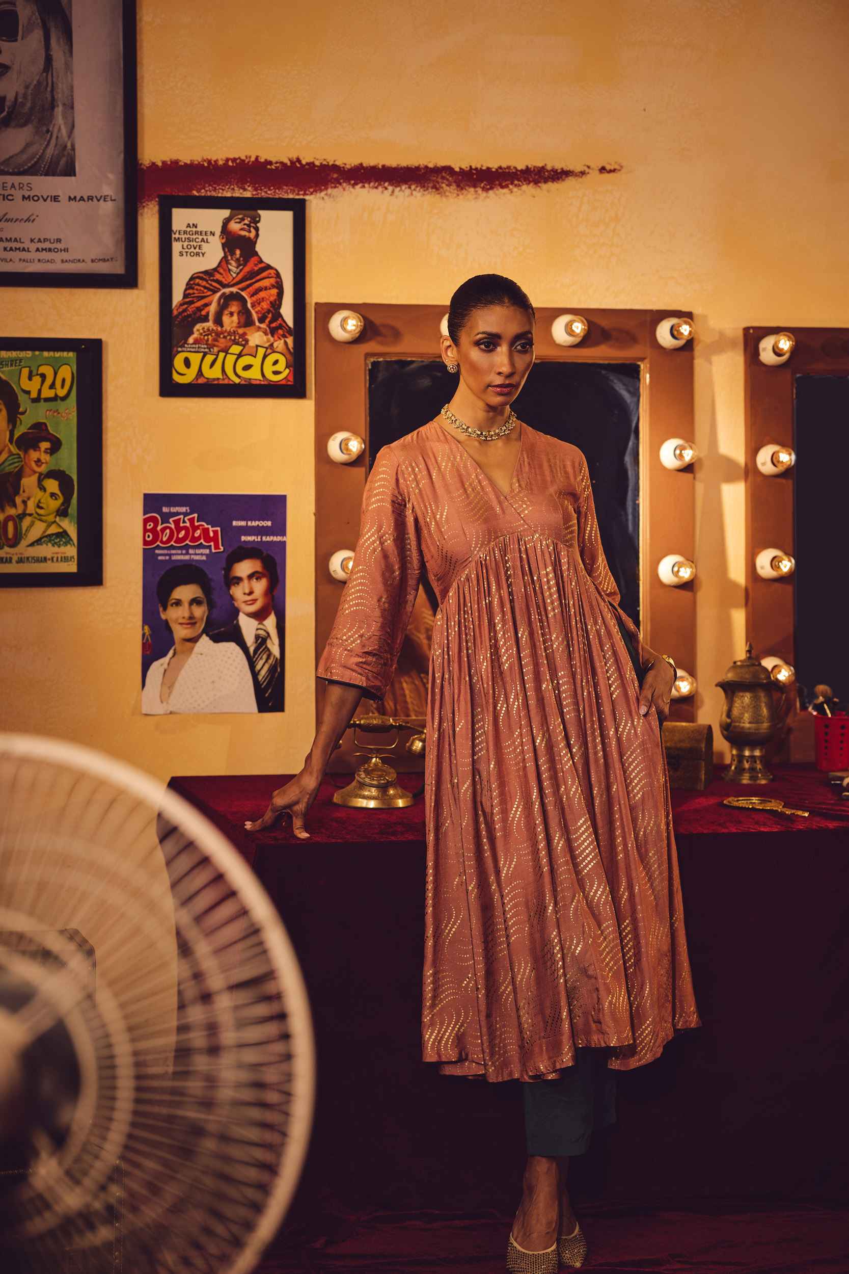 trueBrowns Peach Gold Foil Print Muslin Silk Anarkali High-Slit Kurta Set