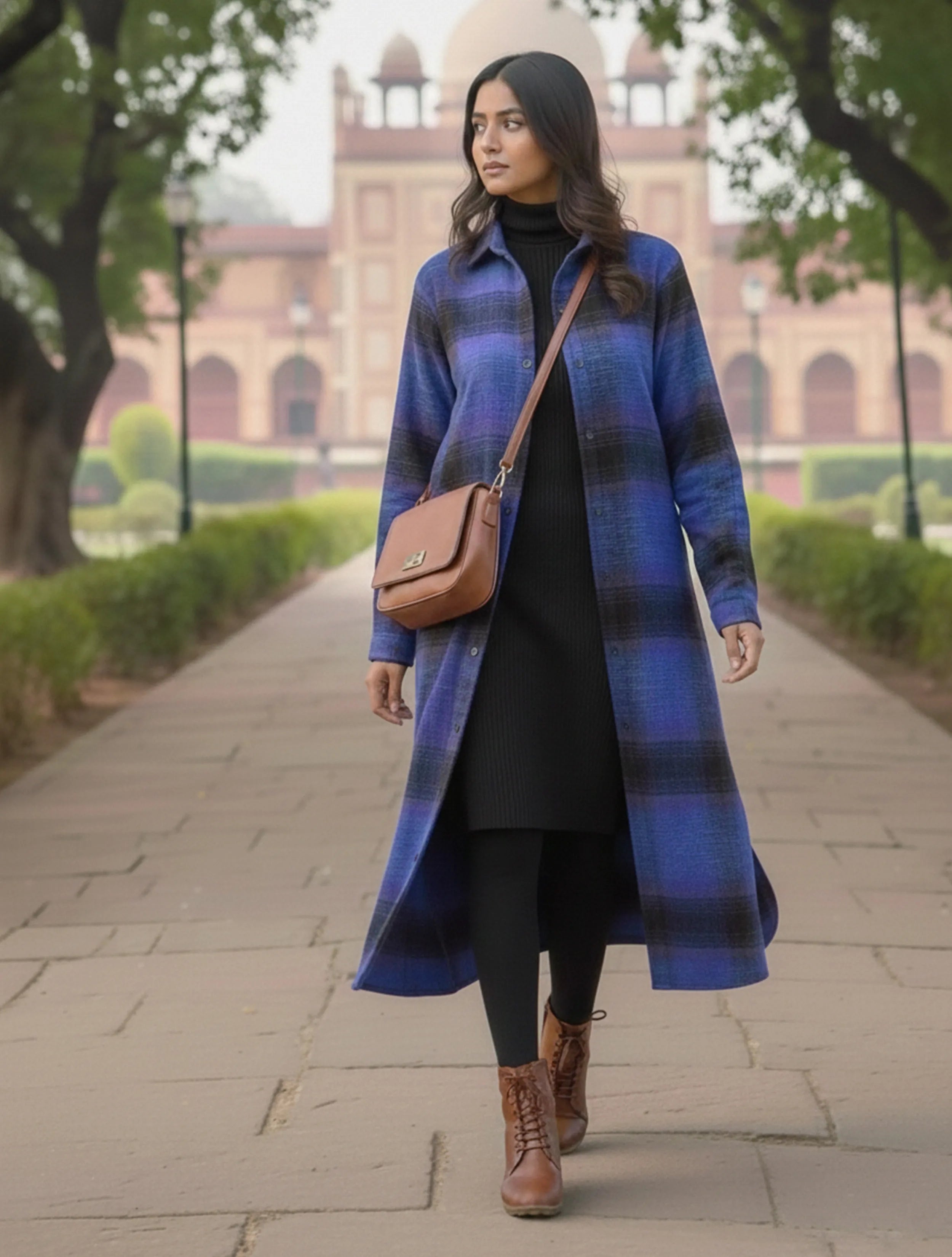 trueBrowns Purple Black Check Woollen Long Shirt Dress