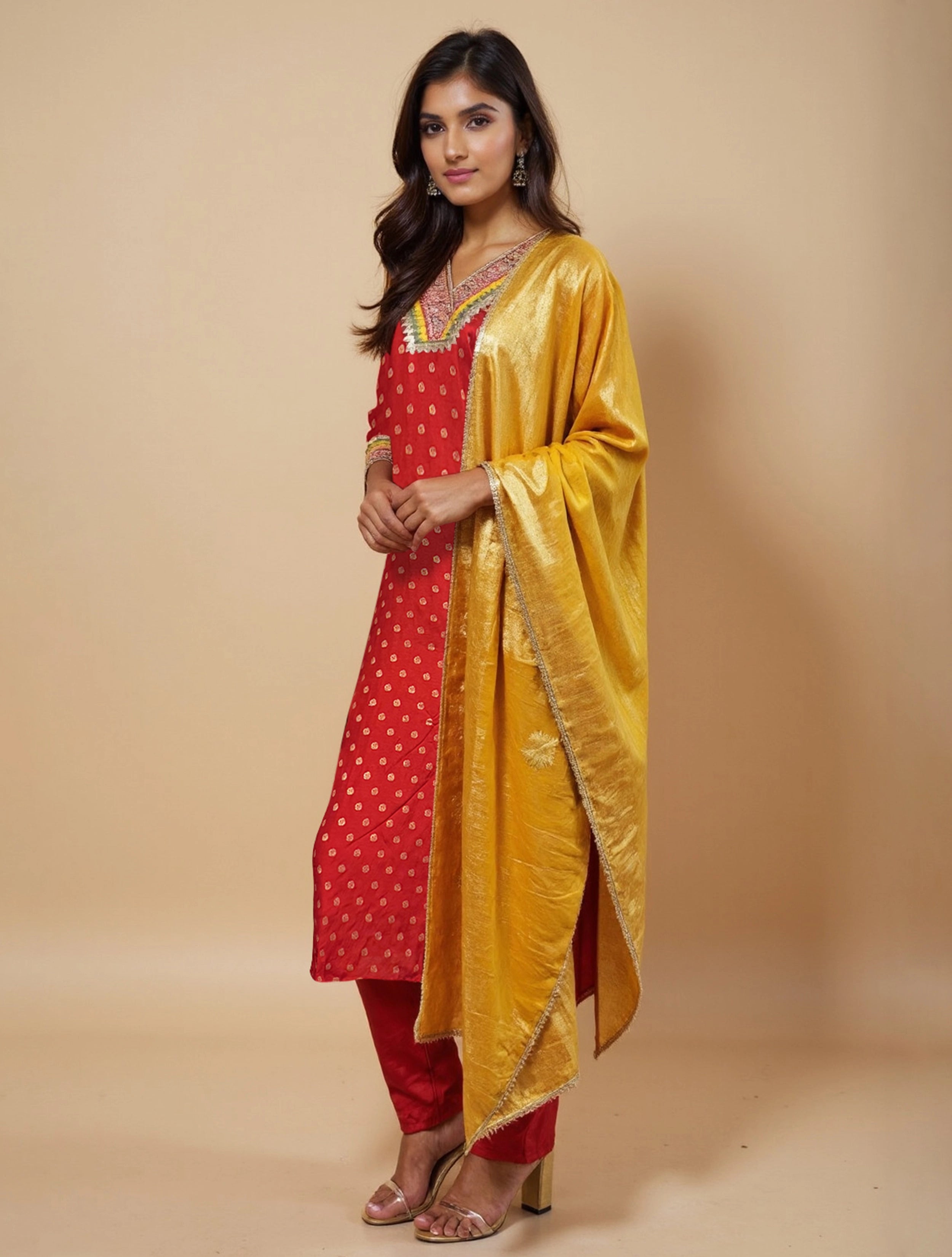 trueBrowns Red Jacquard Straight Kurta Pant Dupatta Set