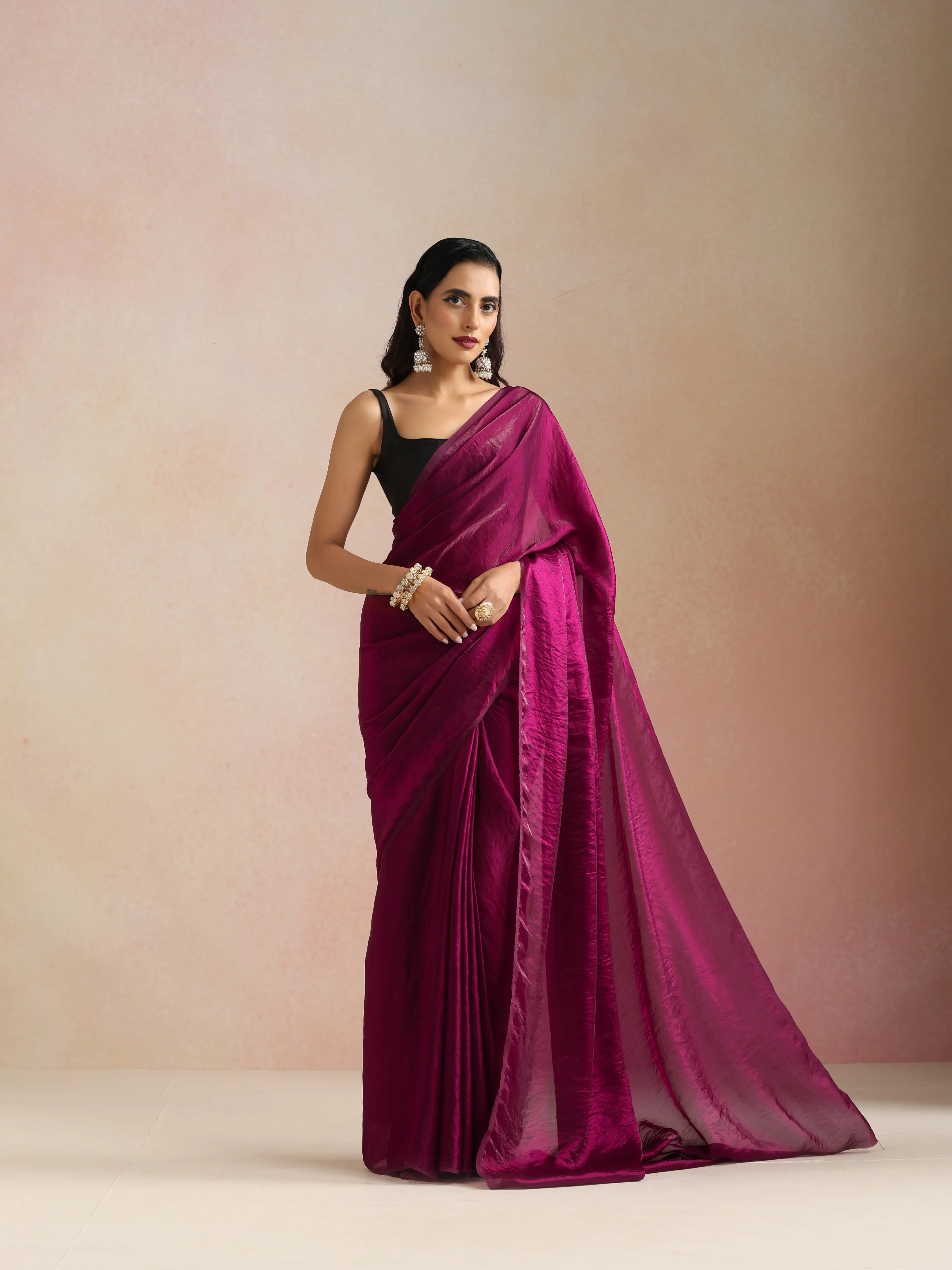 trueBrowns Wine Tissue Saree With Unstitched Blouse