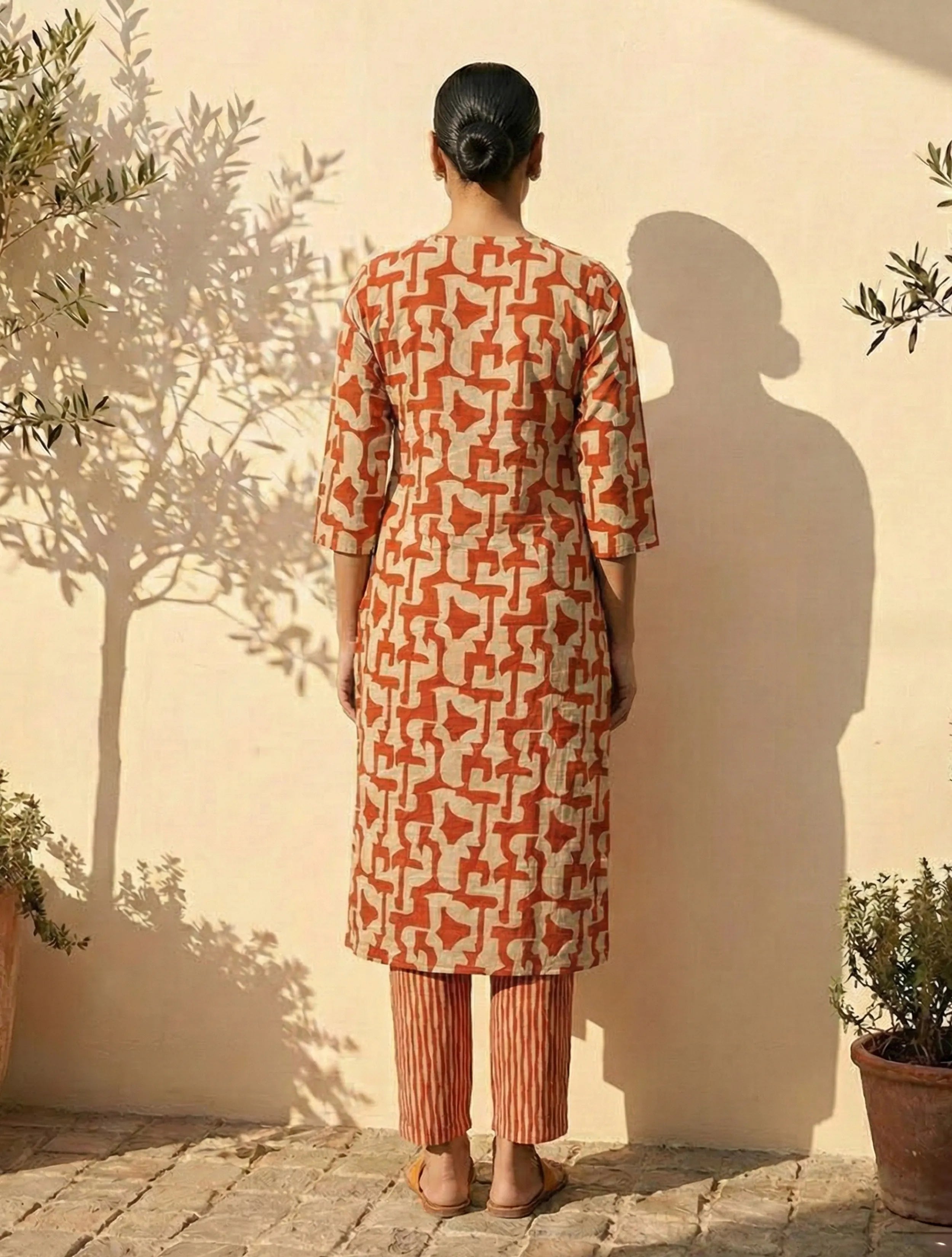 trueBrowns Orange Abstract Print Embroidered Kurta Pant Dupatta Set