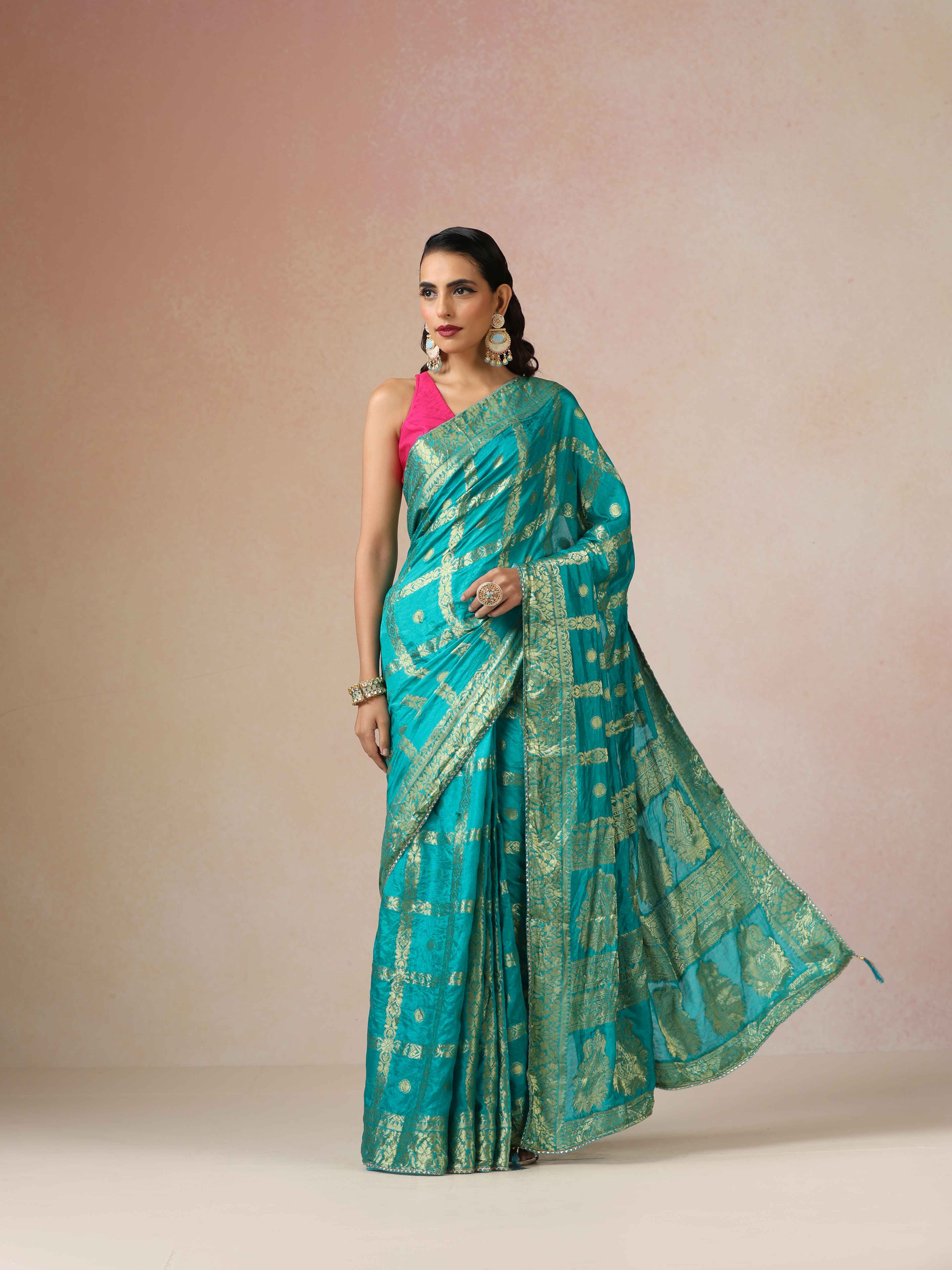 trueBrowns Green Bandhani Jacquard Saree With Unstitched Blouse