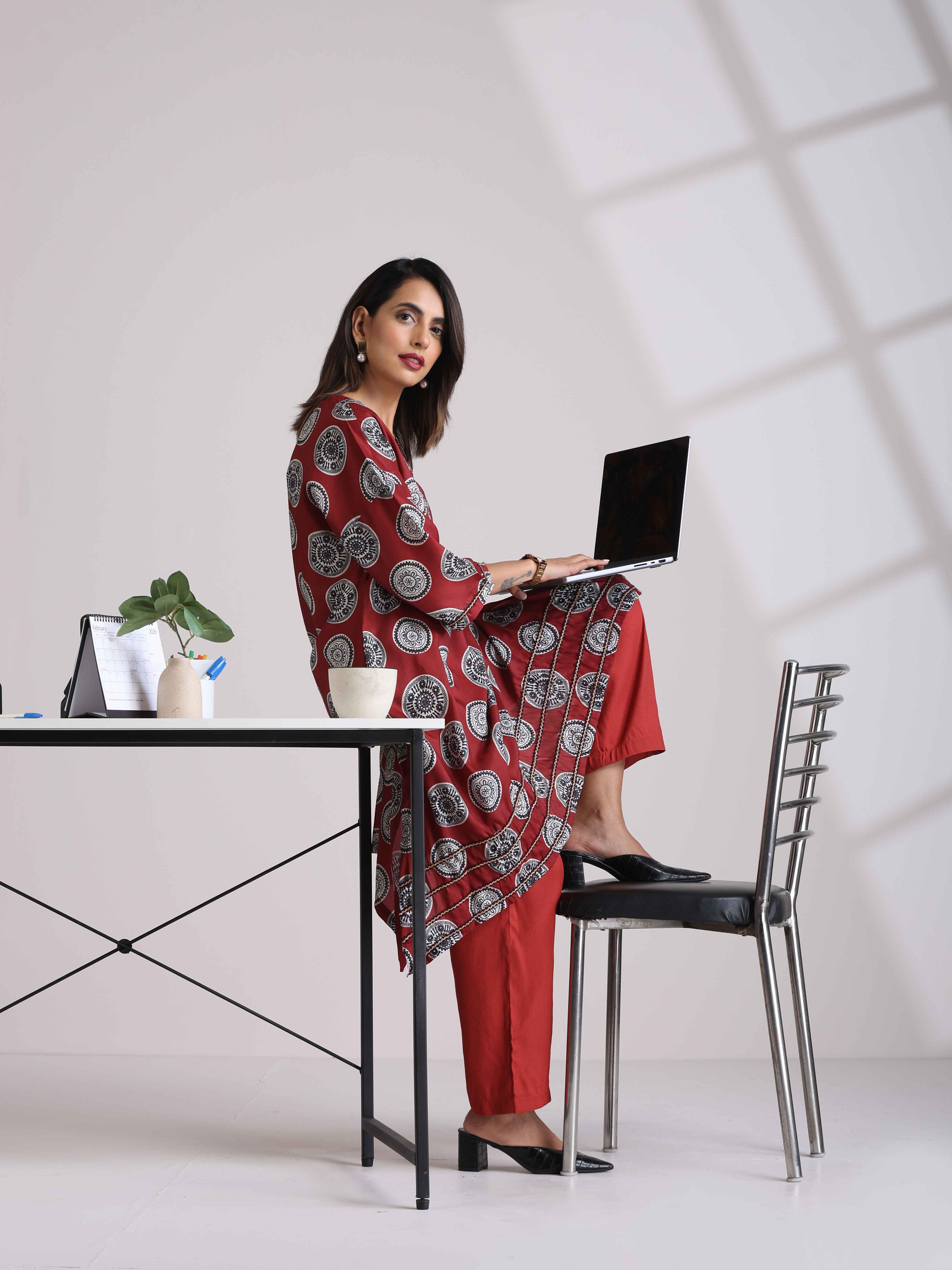 trueBrowns Maroon Print A-line Kurta Co-ord Set