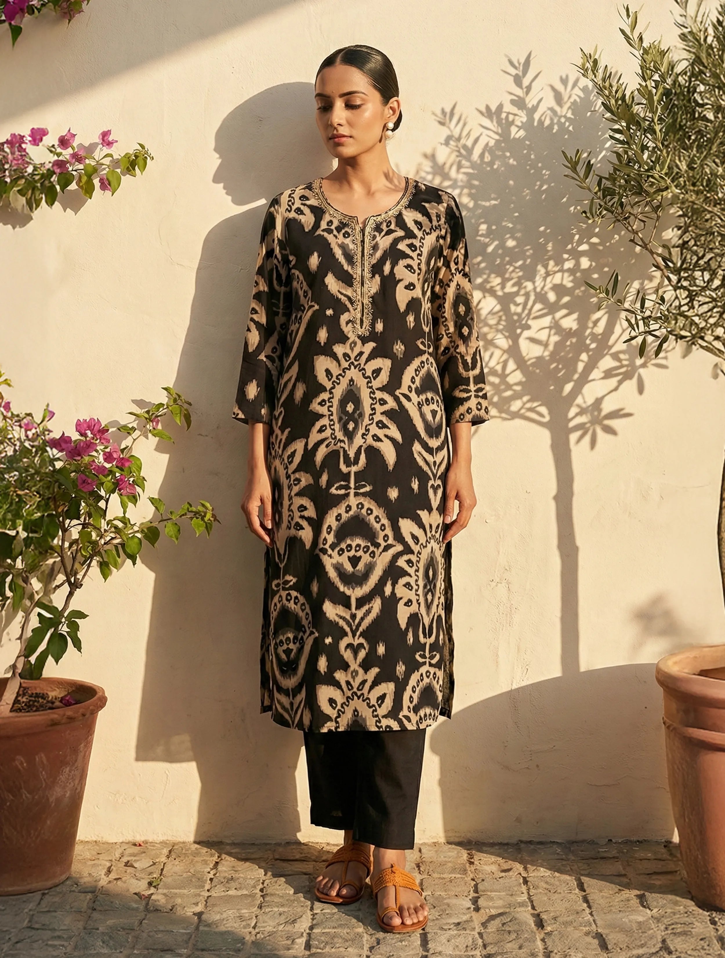 trueBrowns Black Print Embroidered Round Neck Kurta Pant Dupatta Set
