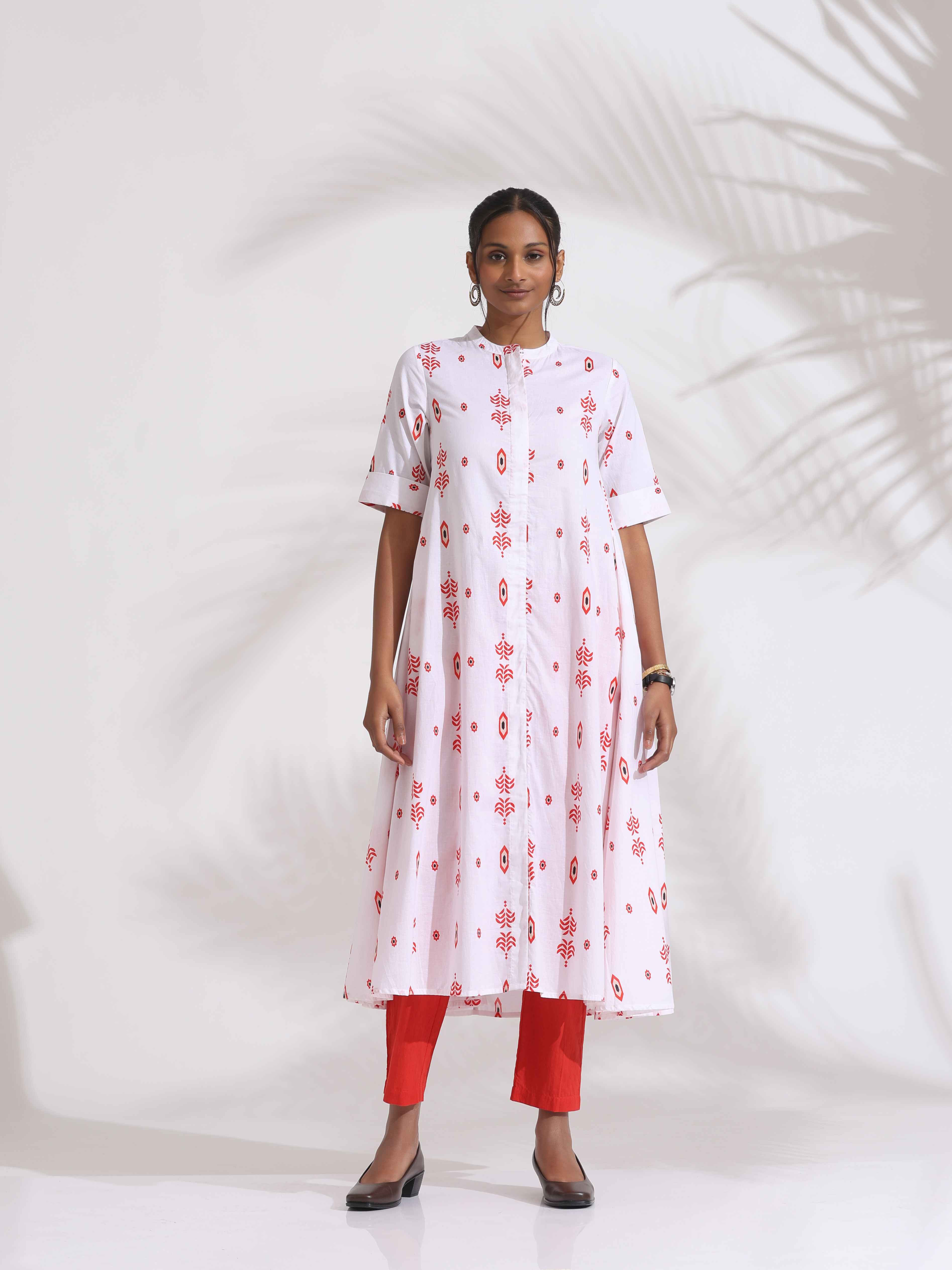 trueBrowns White Cotton Print Flared Kurta Set