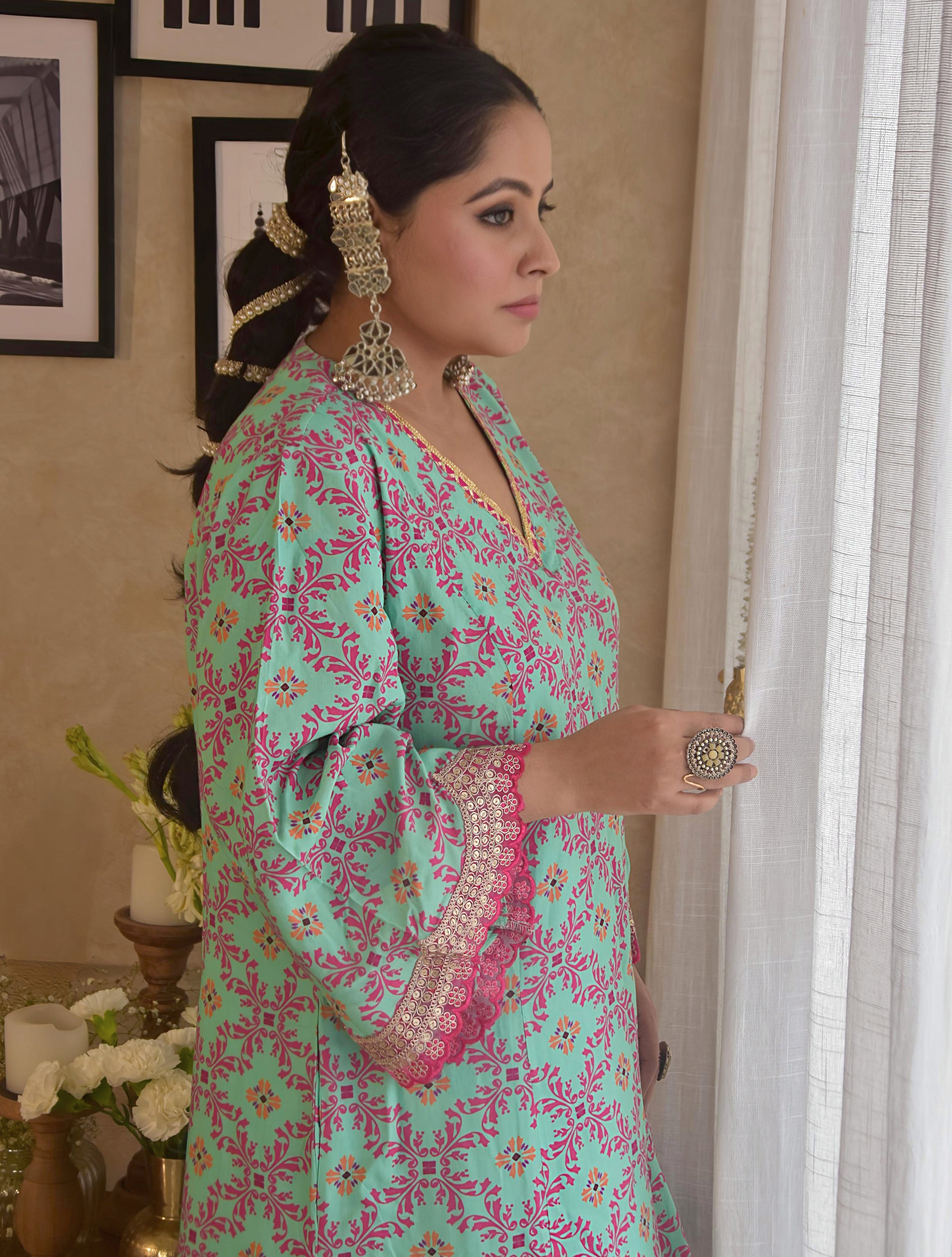 trueBrowns Mint Pink Jaal Print Viscose A-line Kurta Set