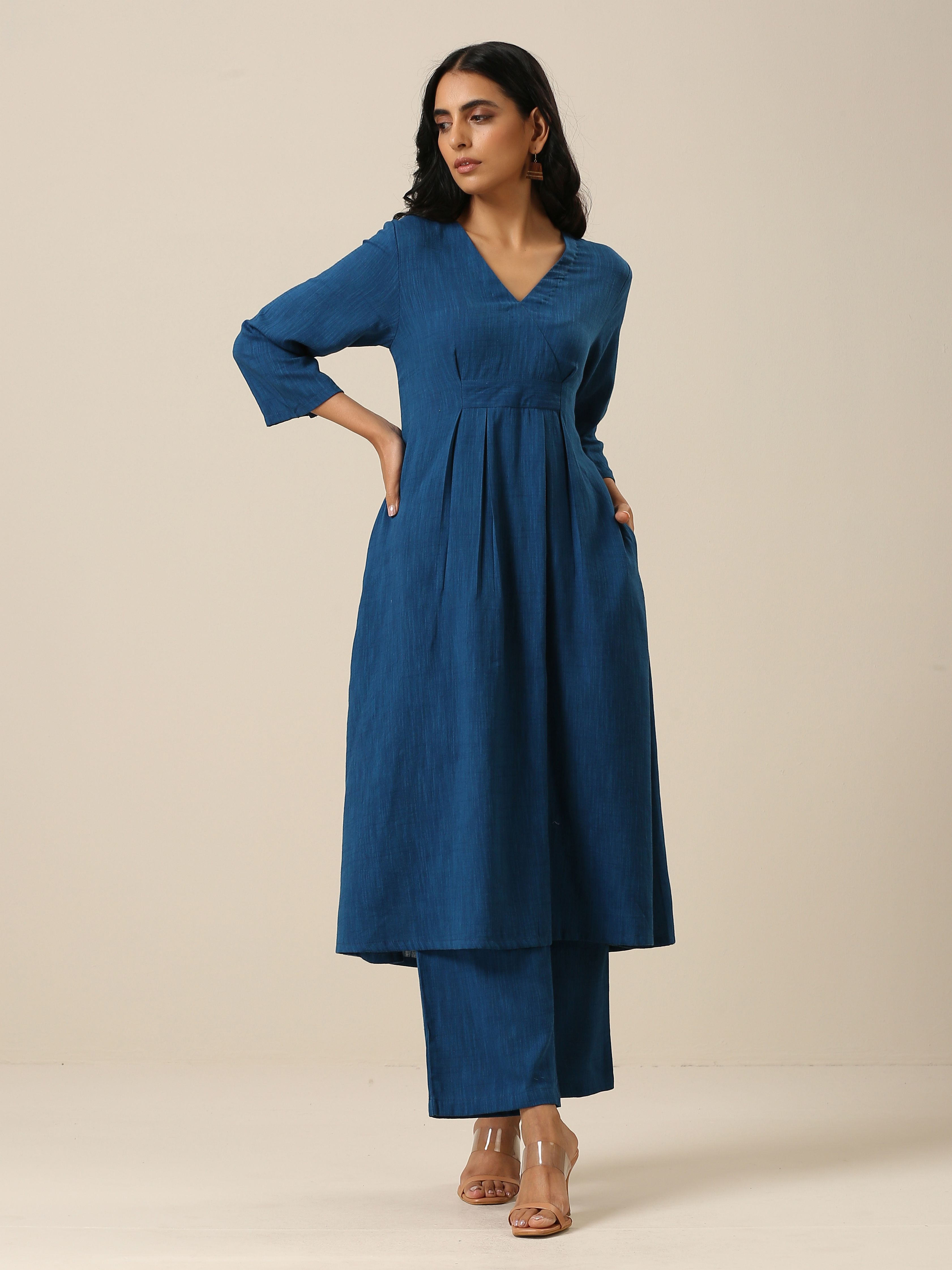 Classic Blue Slub Texture Overlap Pleat Kurta Pant Set