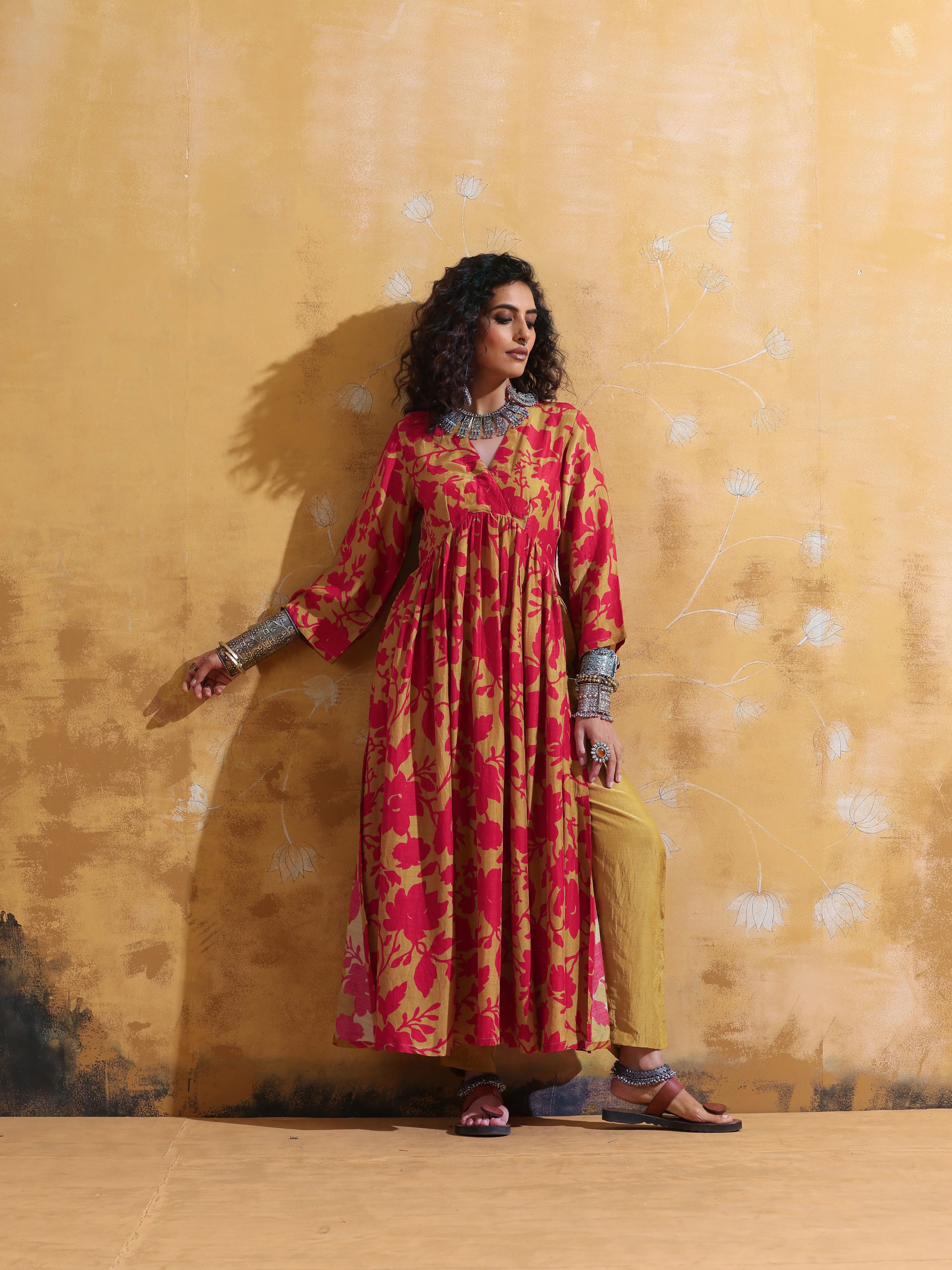 trueBrowns Red Mustard Jaal Print Muslin Silk Anarkali Kurta Set