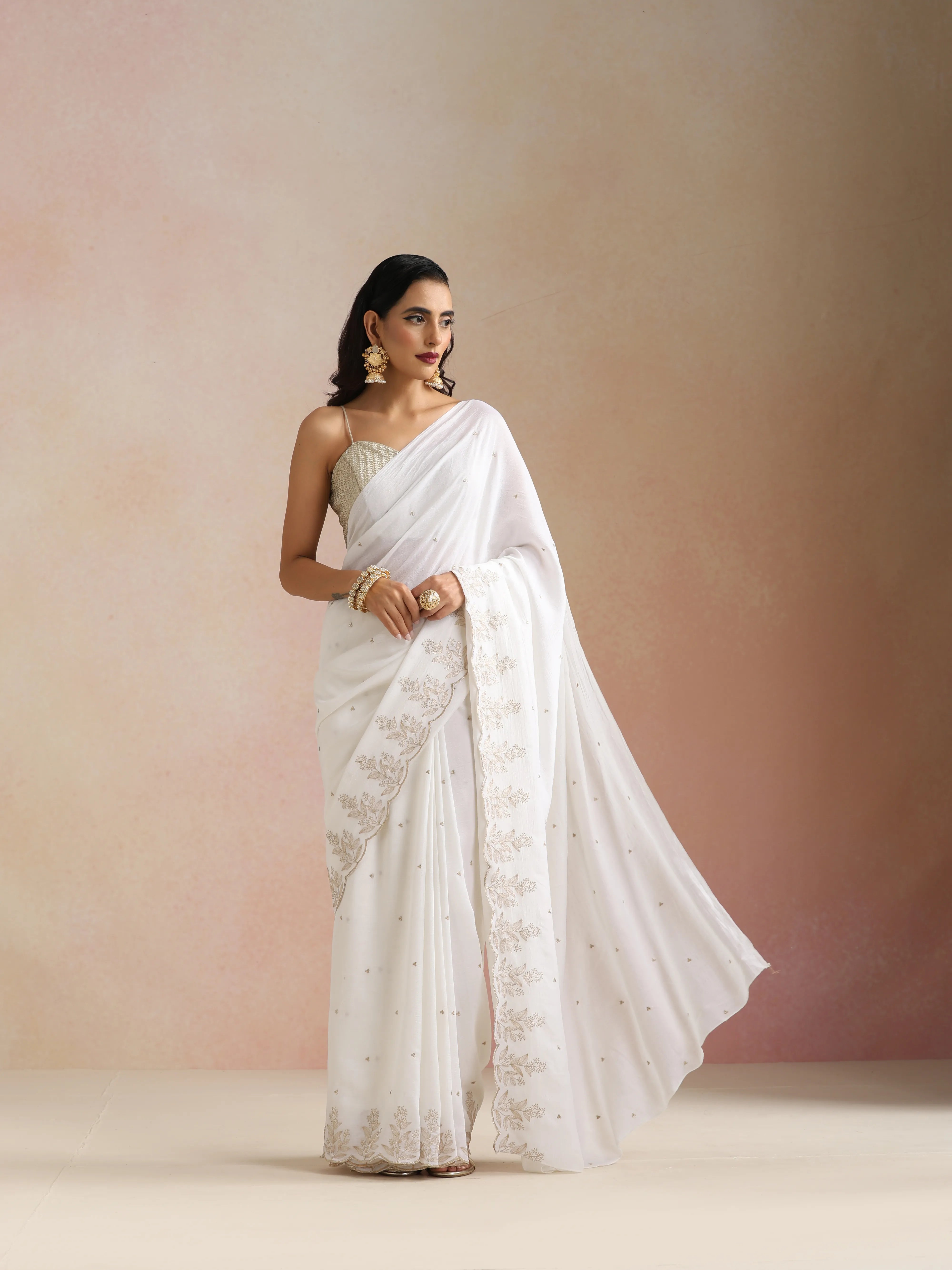 trueBrowns Ivory All Over Zari Embroidered Saree With Unstitched Blouse