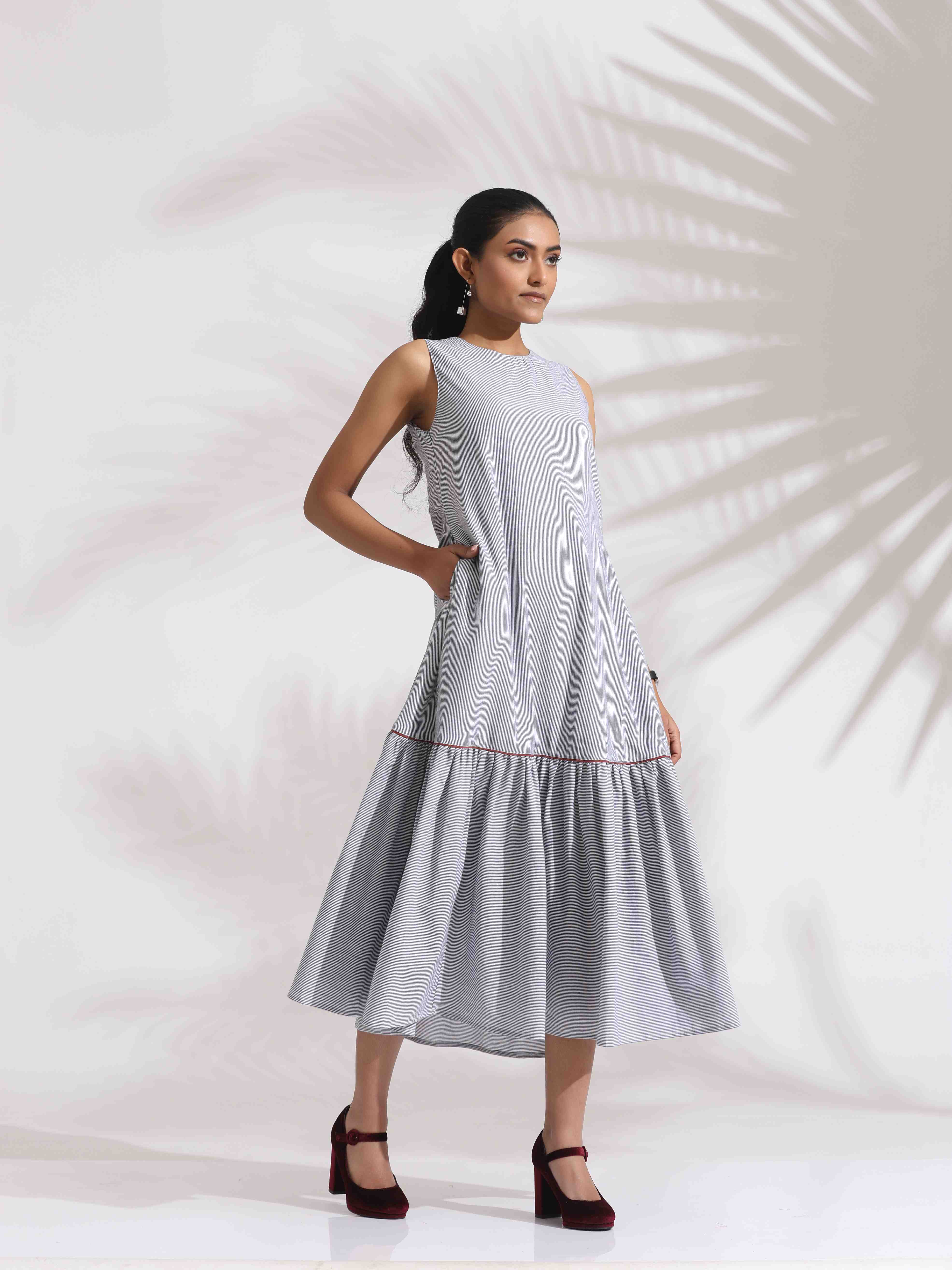 trueBrown Grey Cotton Stripe Tier Dress