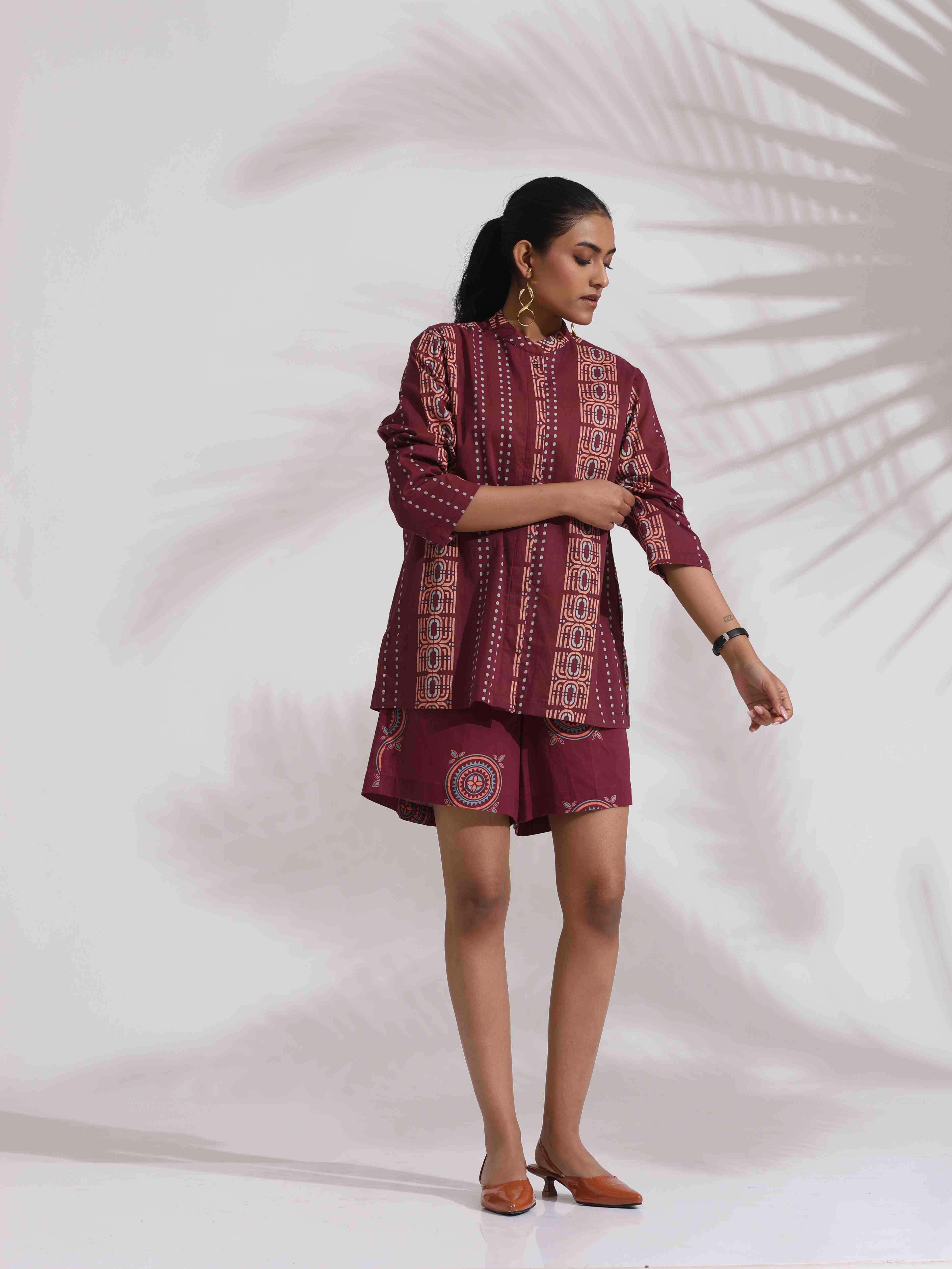 trueBrowns Purple Cotton Print Short Co-ord Set