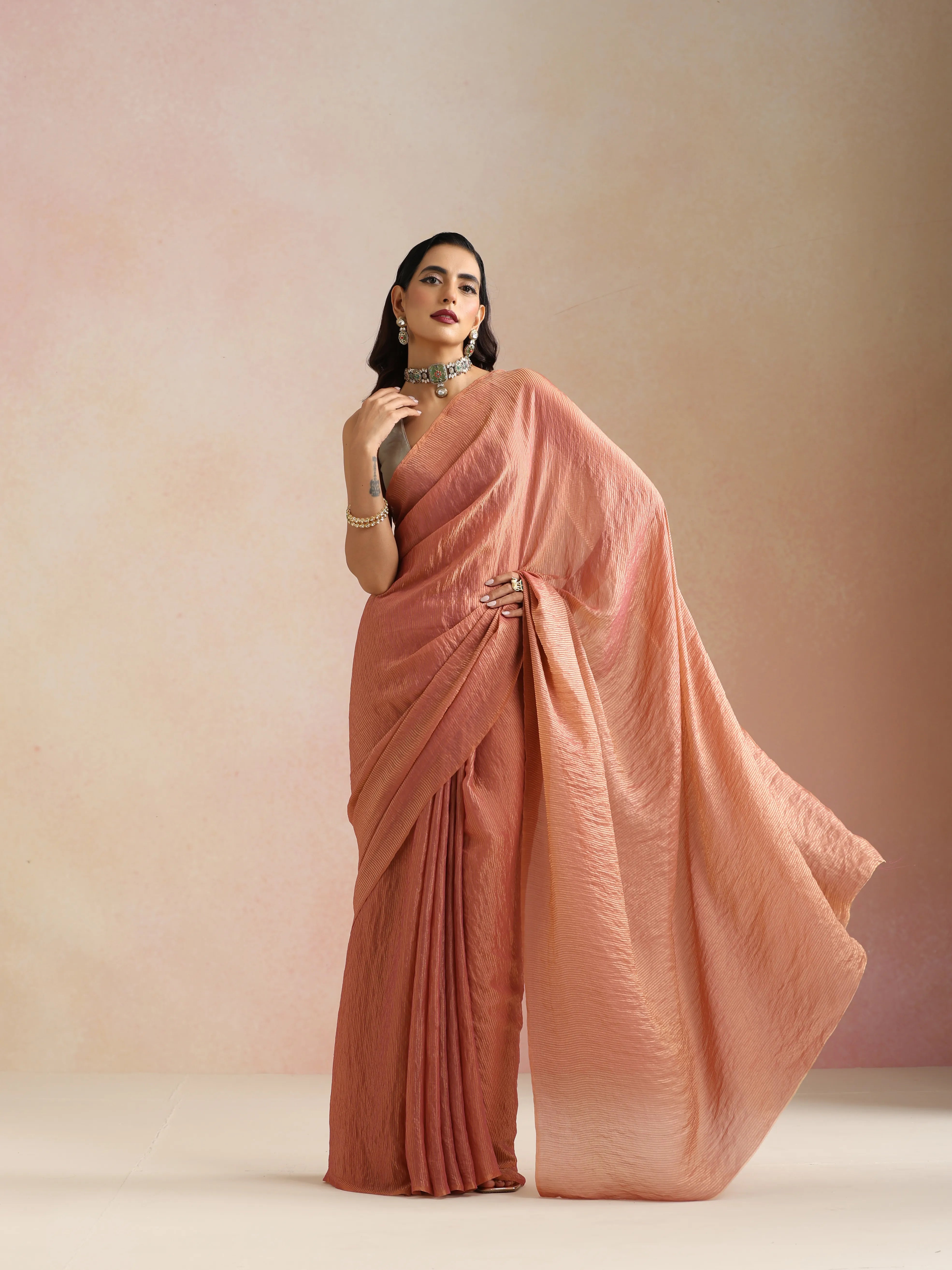 trueBrowns Pink Tissue Stripe Saree With Unstitched Blouse