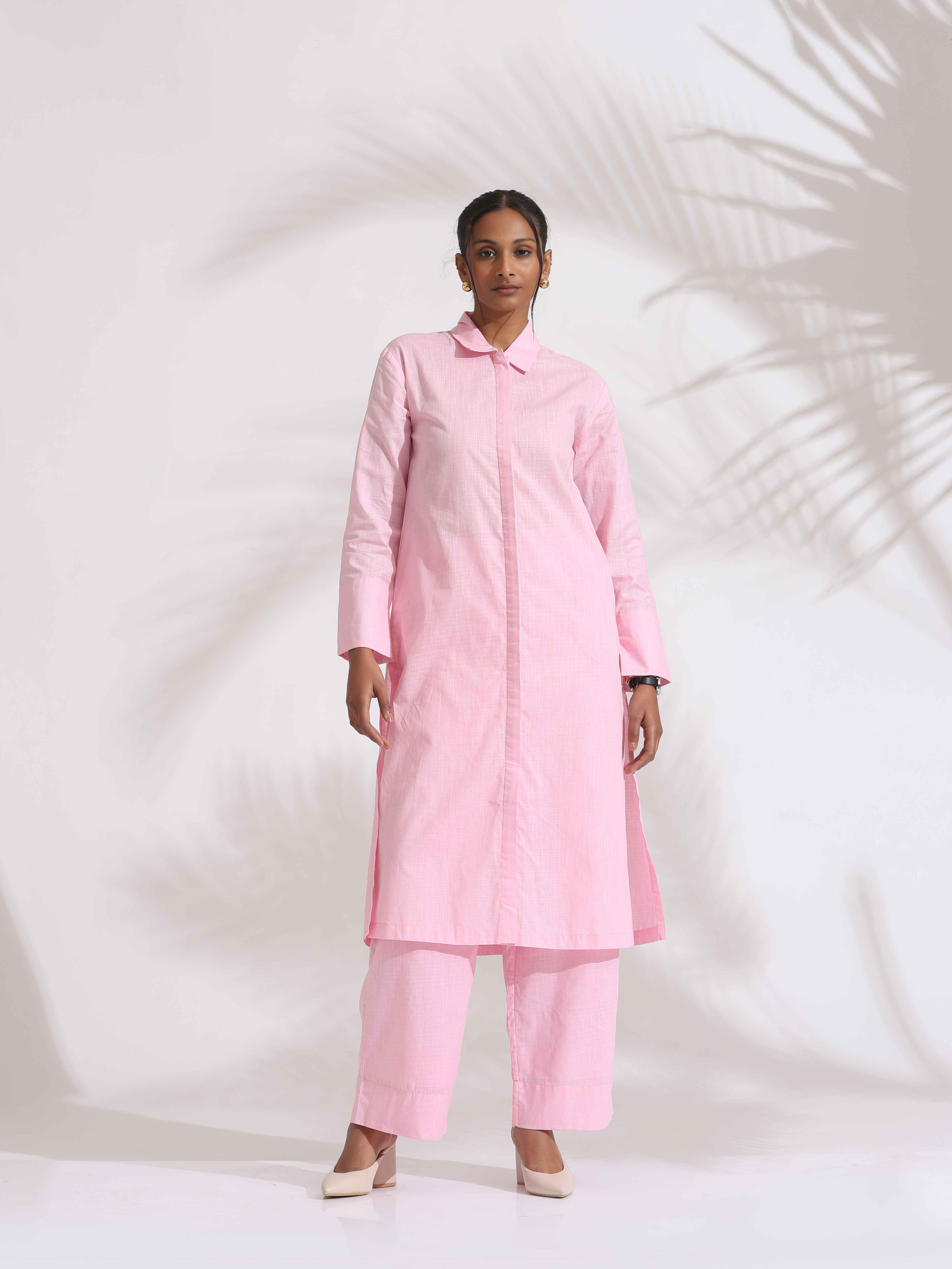 trueBrowns Pink Cotton Embroidered Kurta Set